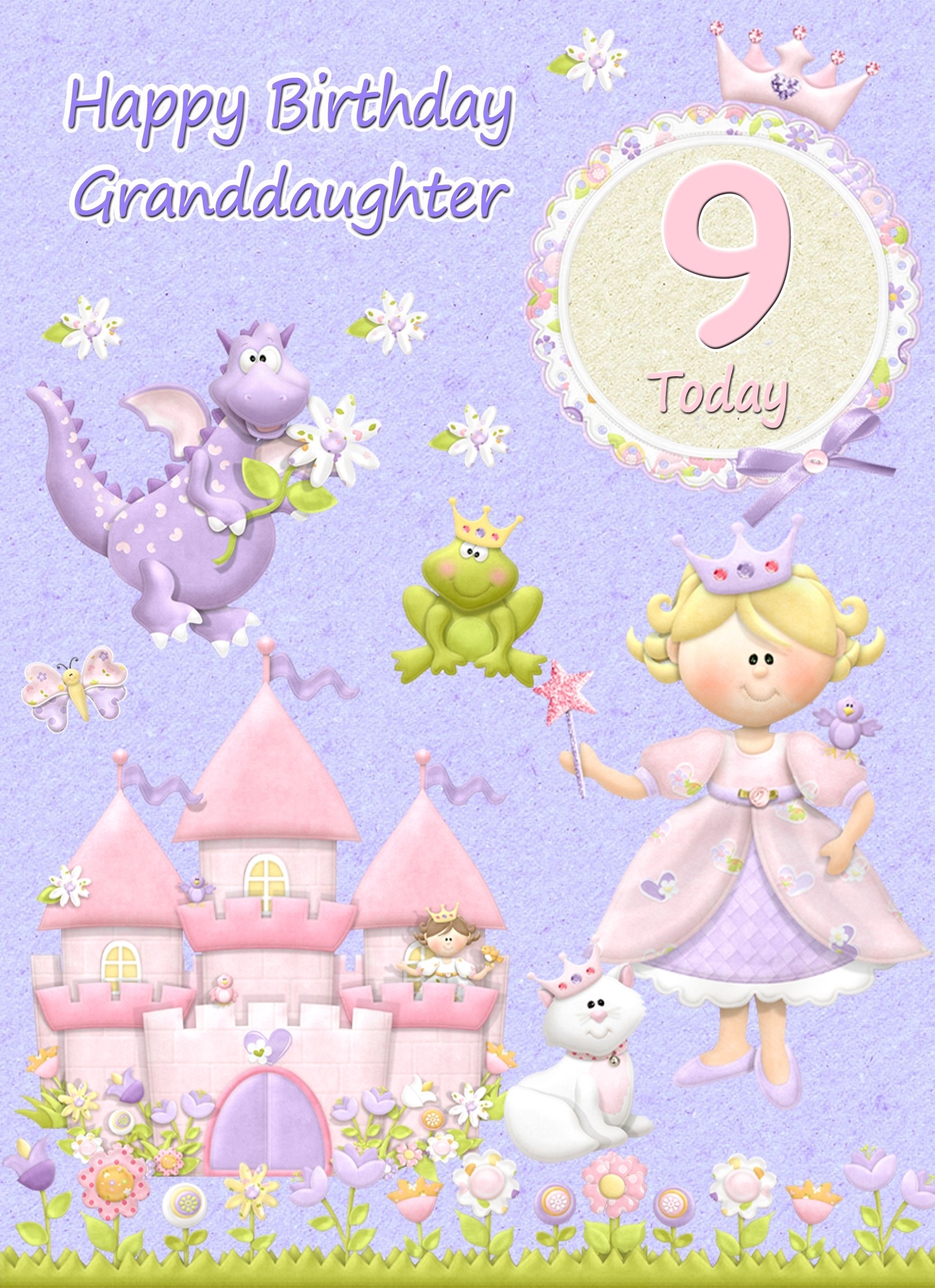 Kids 9th Birthday Princess Cartoon Card for Granddaughter