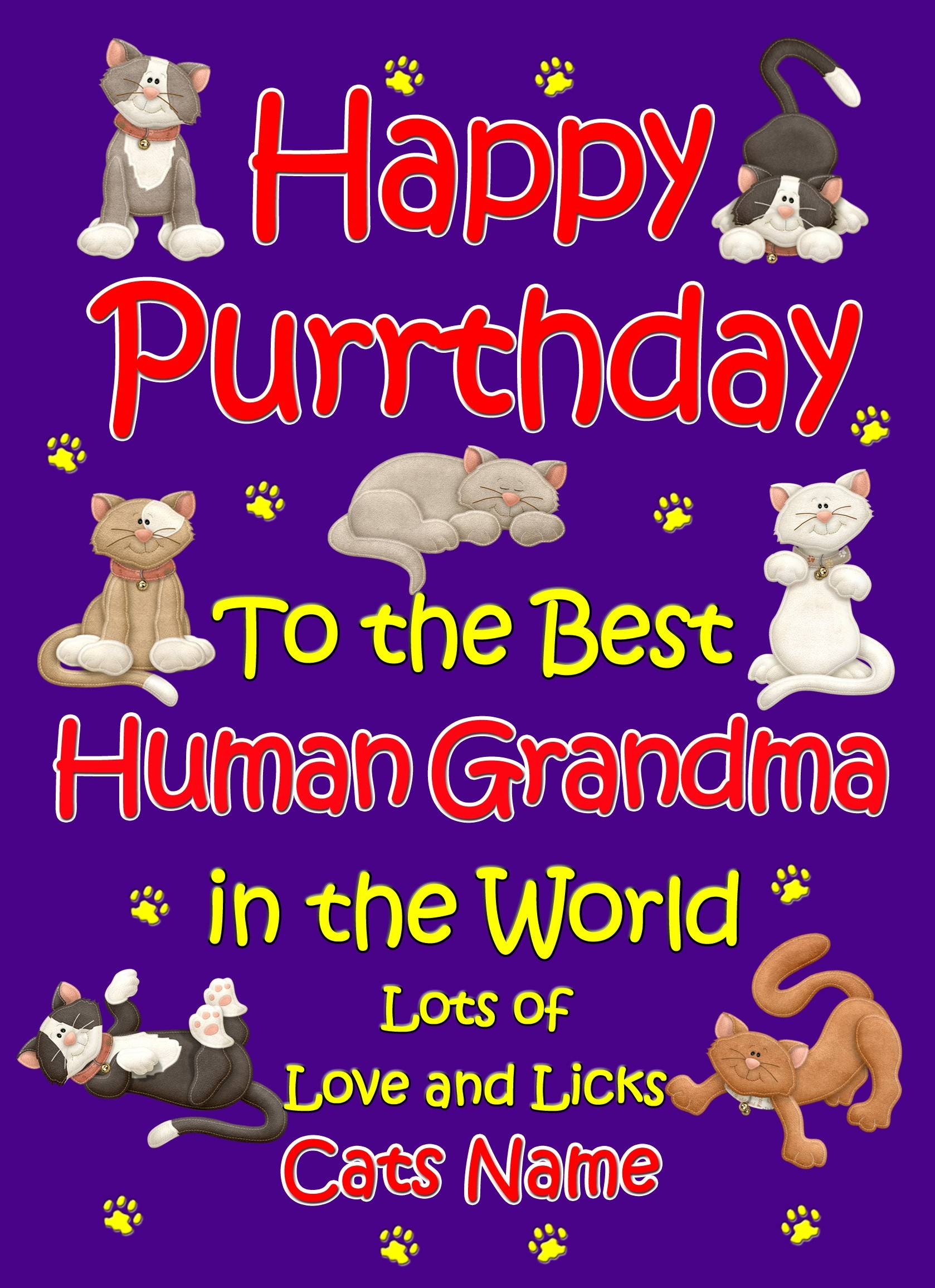 Personalised From The Cat Birthday Card (Purple, Human Grandma, Happy Purrthday)