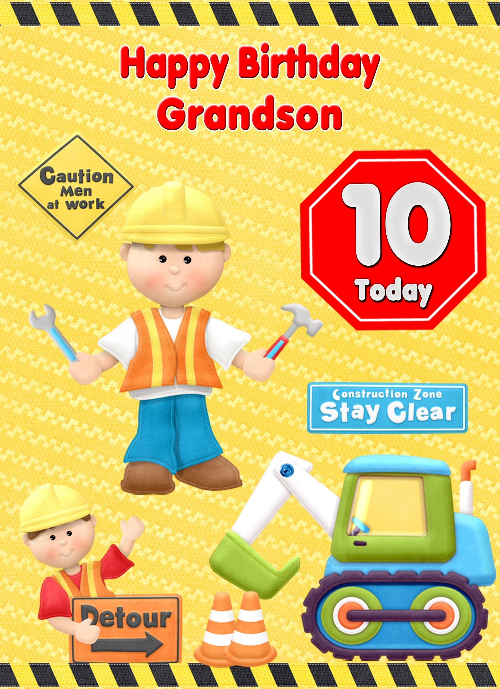 Kids 10th Birthday Builder Cartoon Card for Grandson
