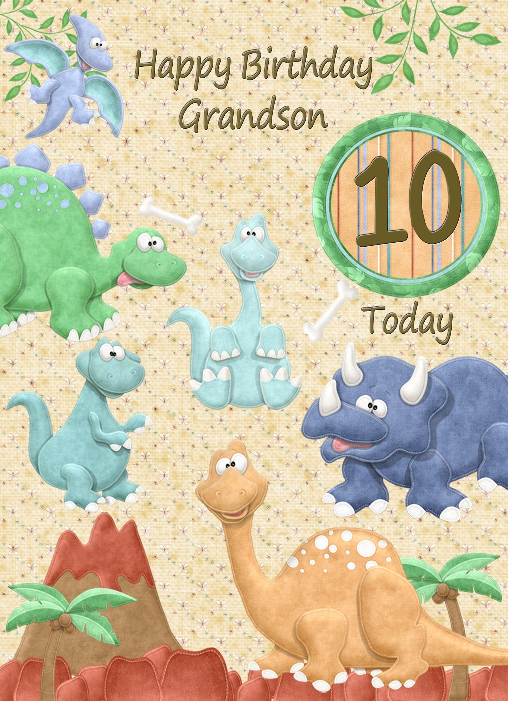 Kids 10th Birthday Dinosaur Cartoon Card for Grandson