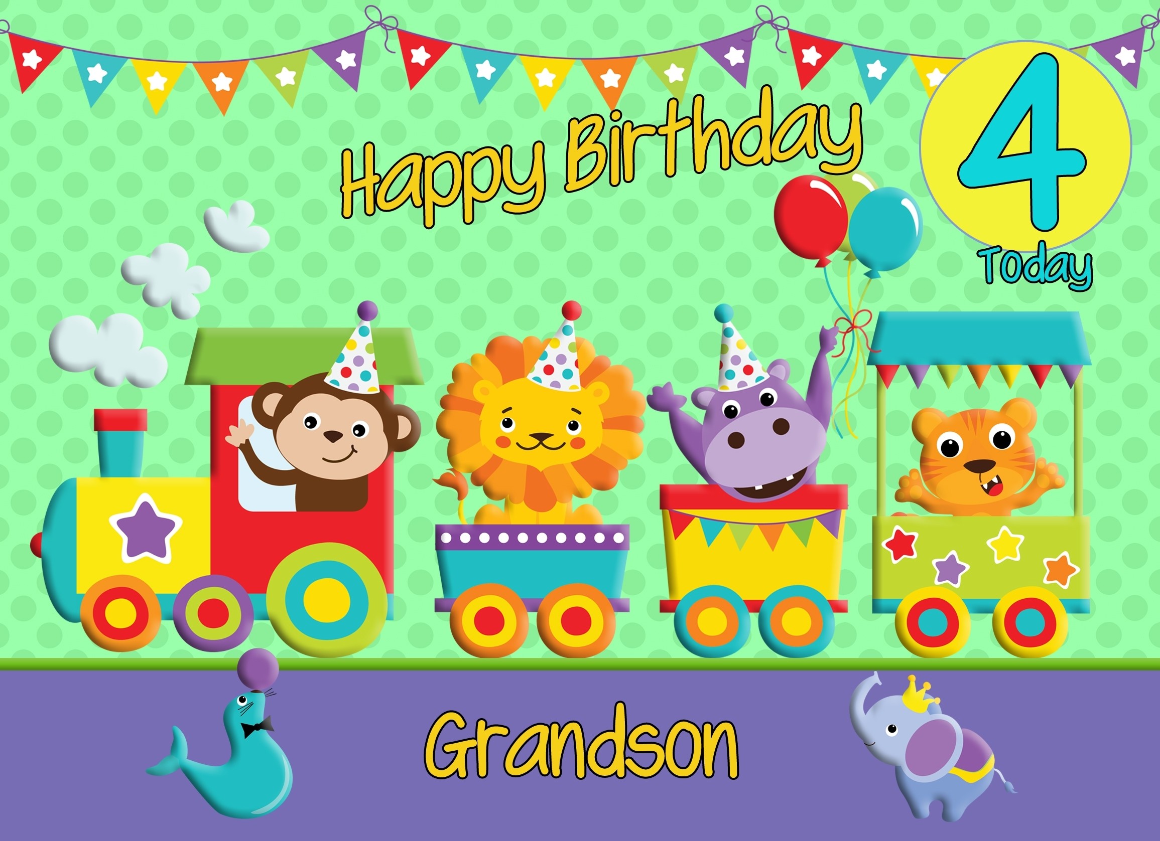 4th Birthday Card for Grandson (Train Green)