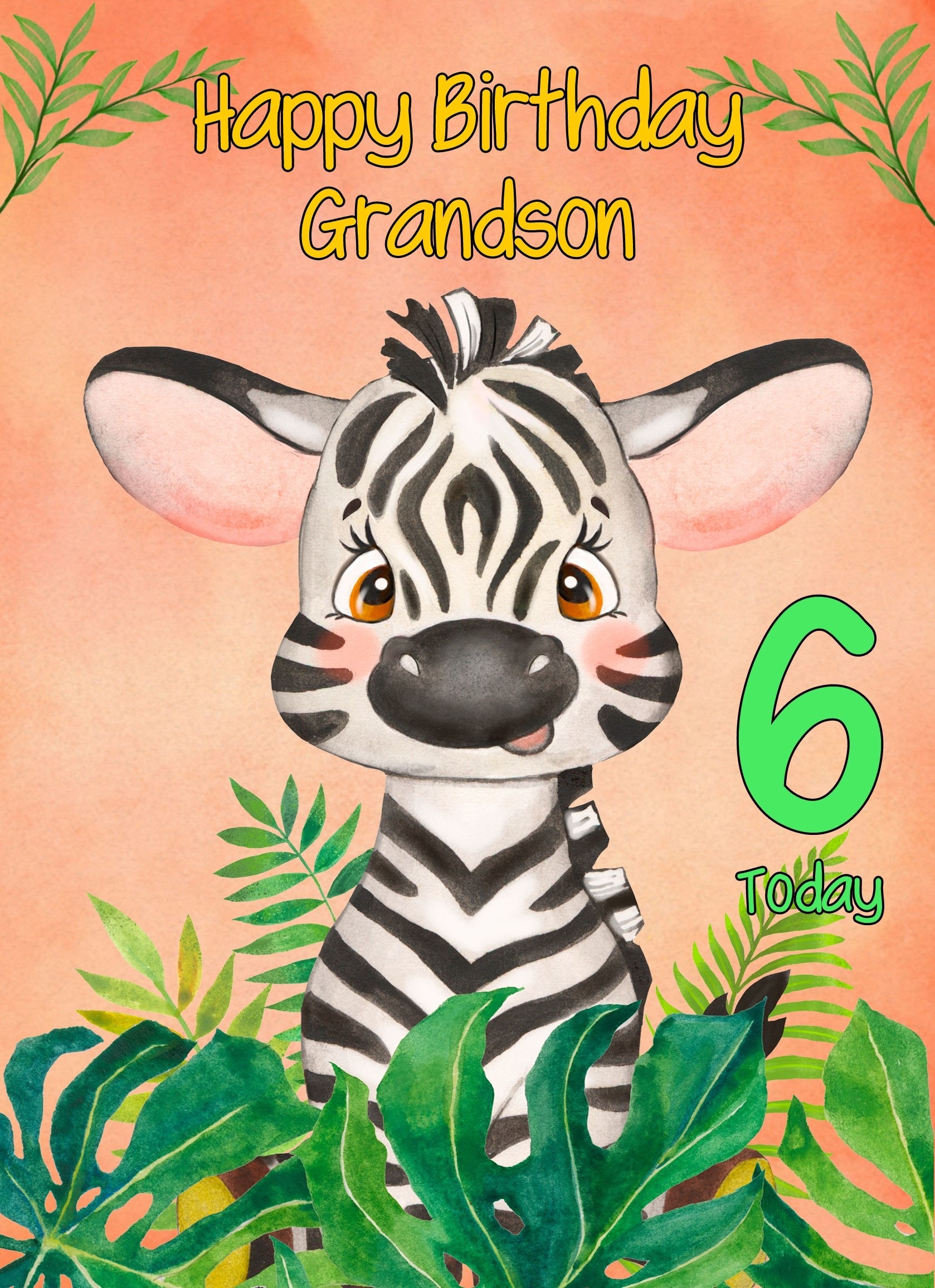 6th Birthday Card for Grandson (Zebra)