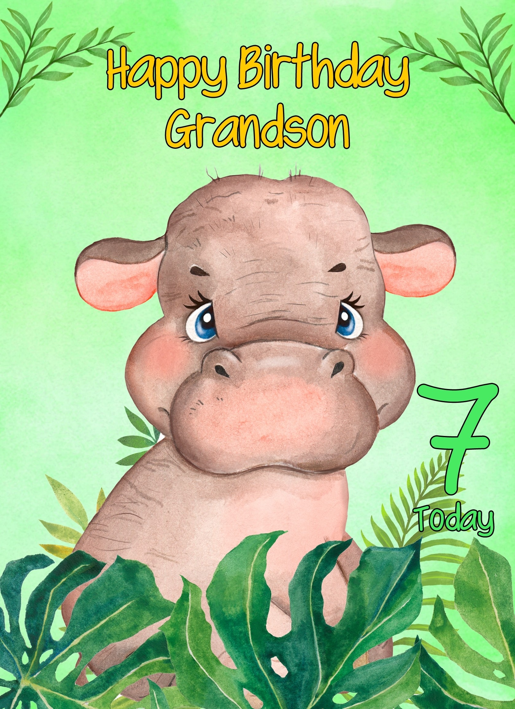 7th Birthday Card for Grandson (Hippo)