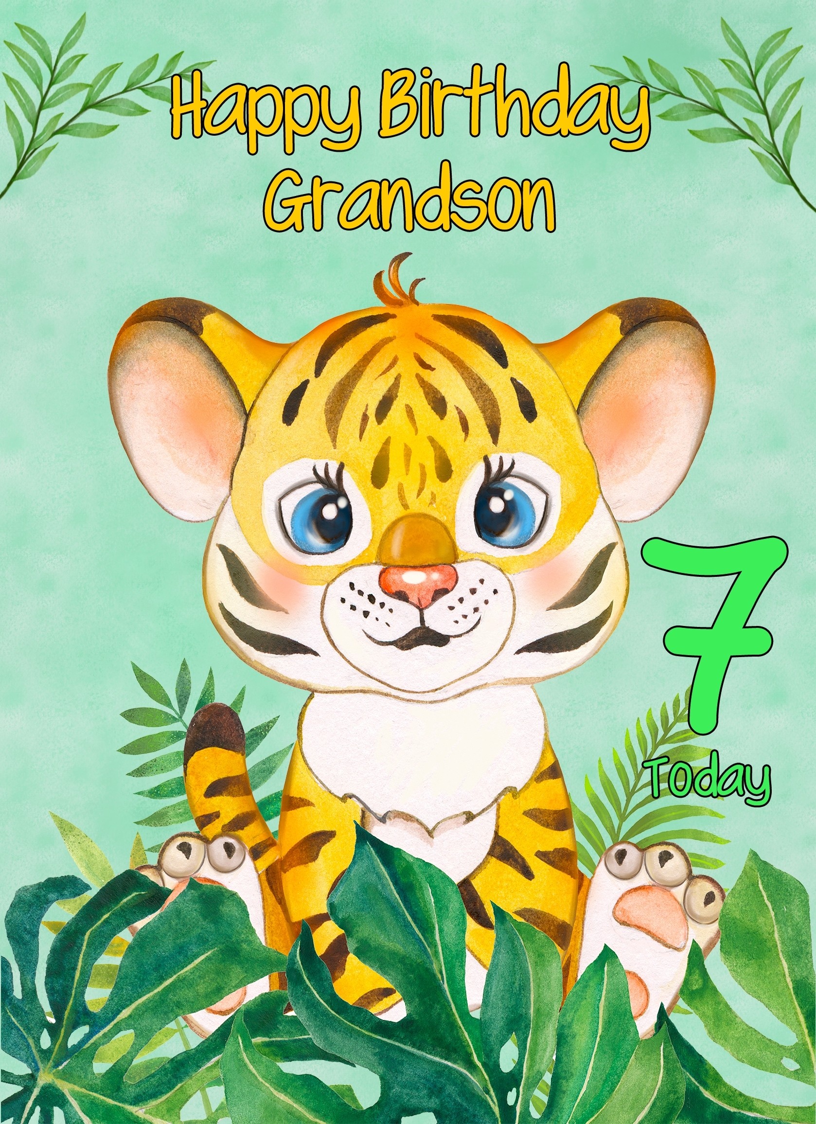 7th Birthday Card for Grandson (Tiger)