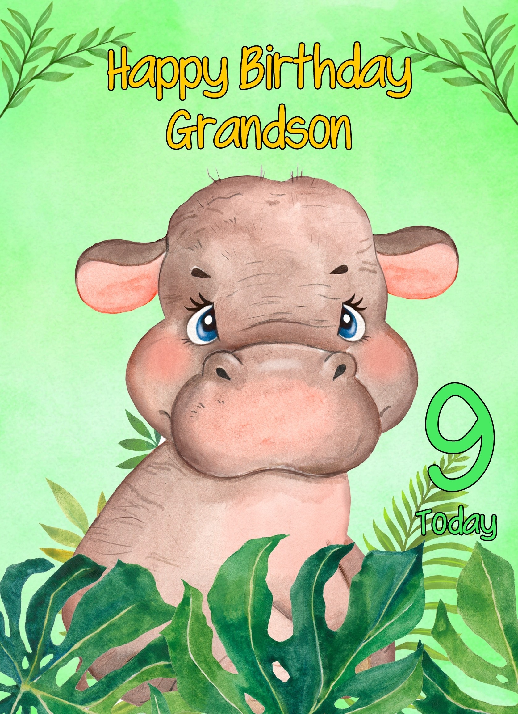 9th Birthday Card for Grandson (Hippo)