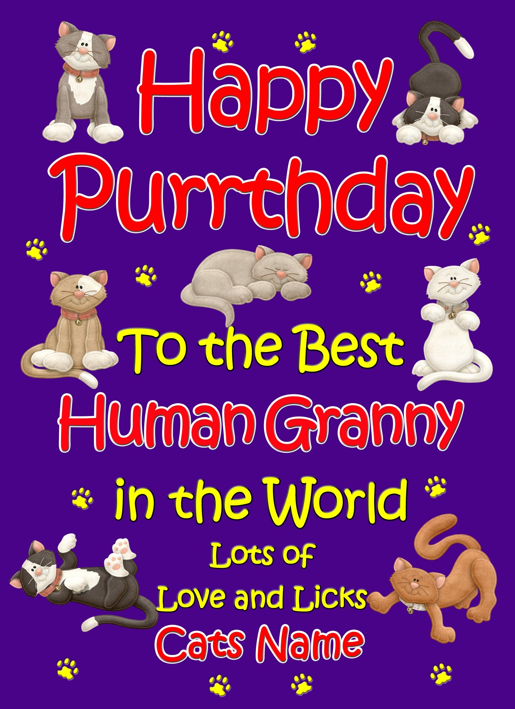 Personalised From The Cat Birthday Card (Purple, Human Granny, Happy Purrthday)