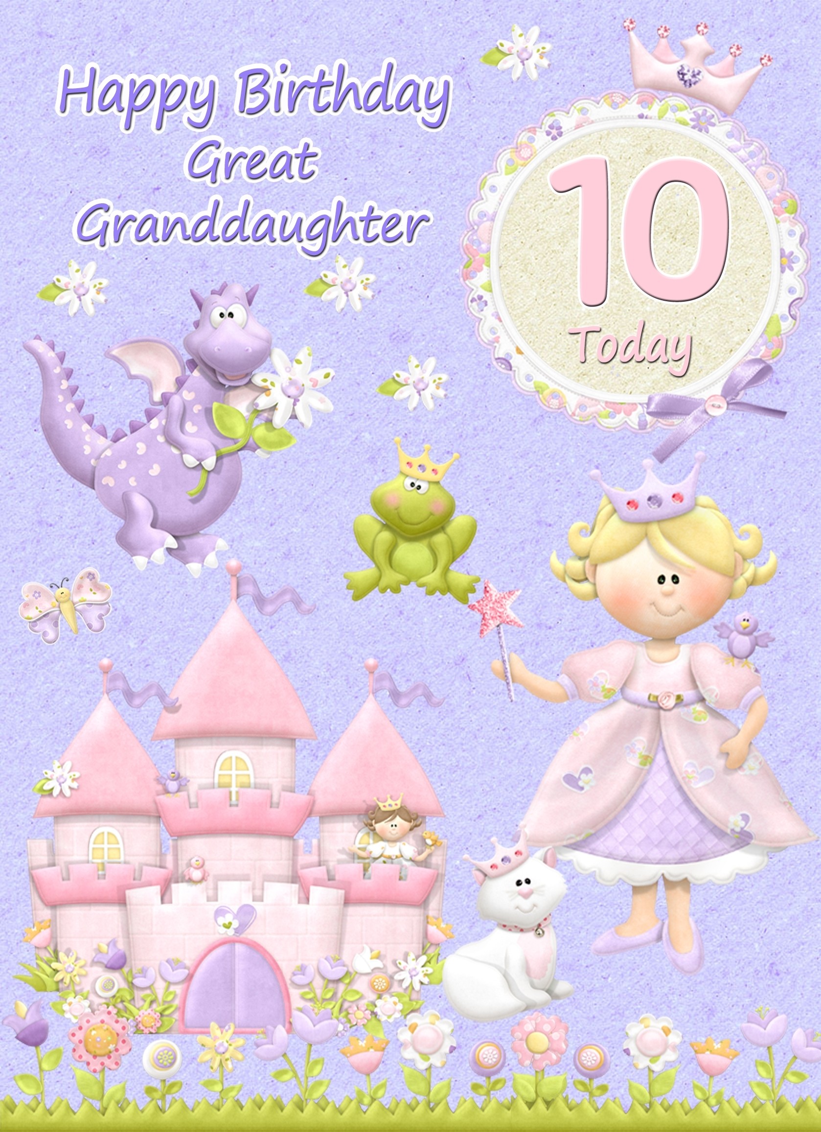 Kids 10th Birthday Princess Cartoon Card for Great Granddaughter