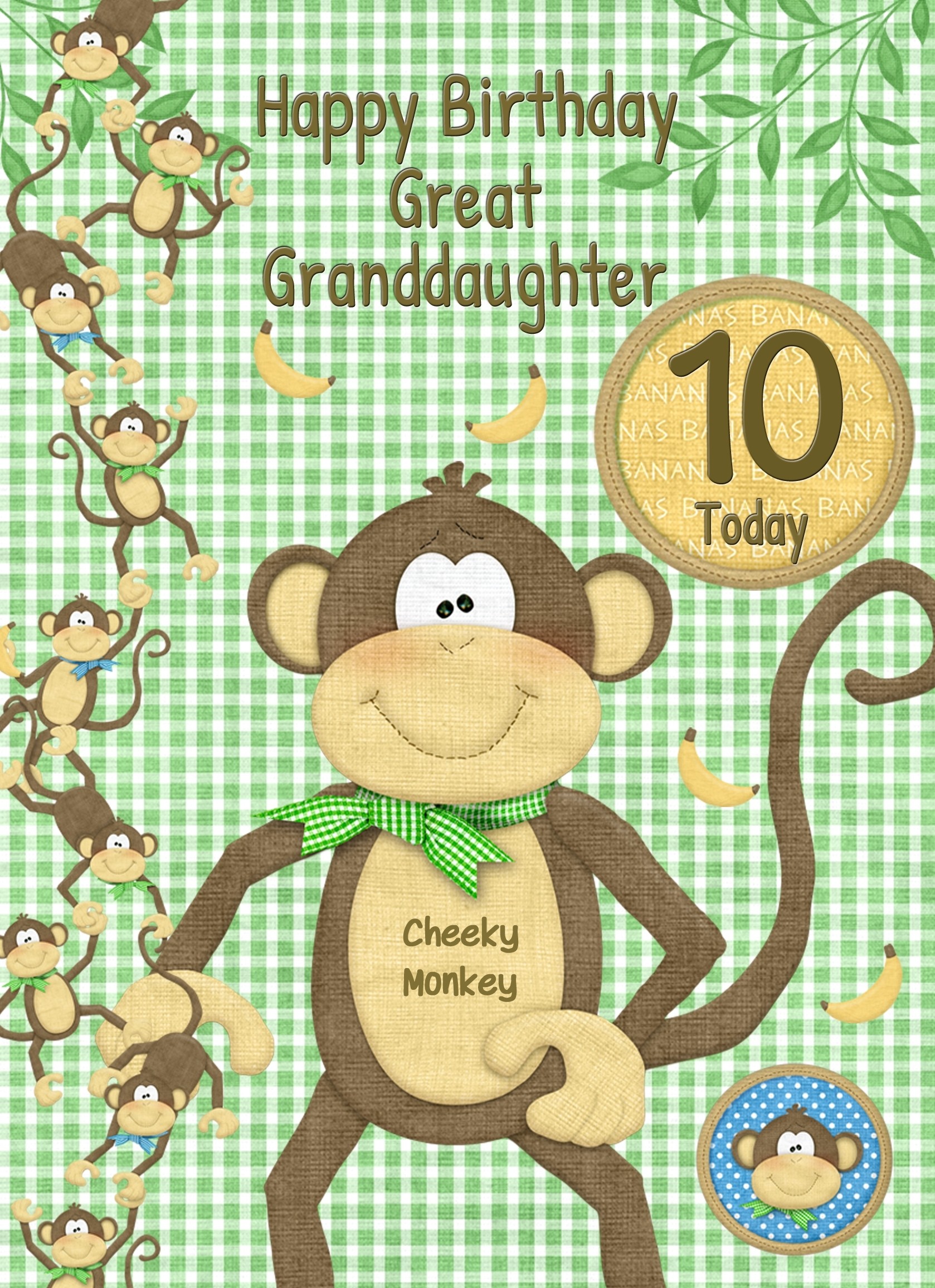 Kids 10th Birthday Cheeky Monkey Cartoon Card for Great Granddaughter