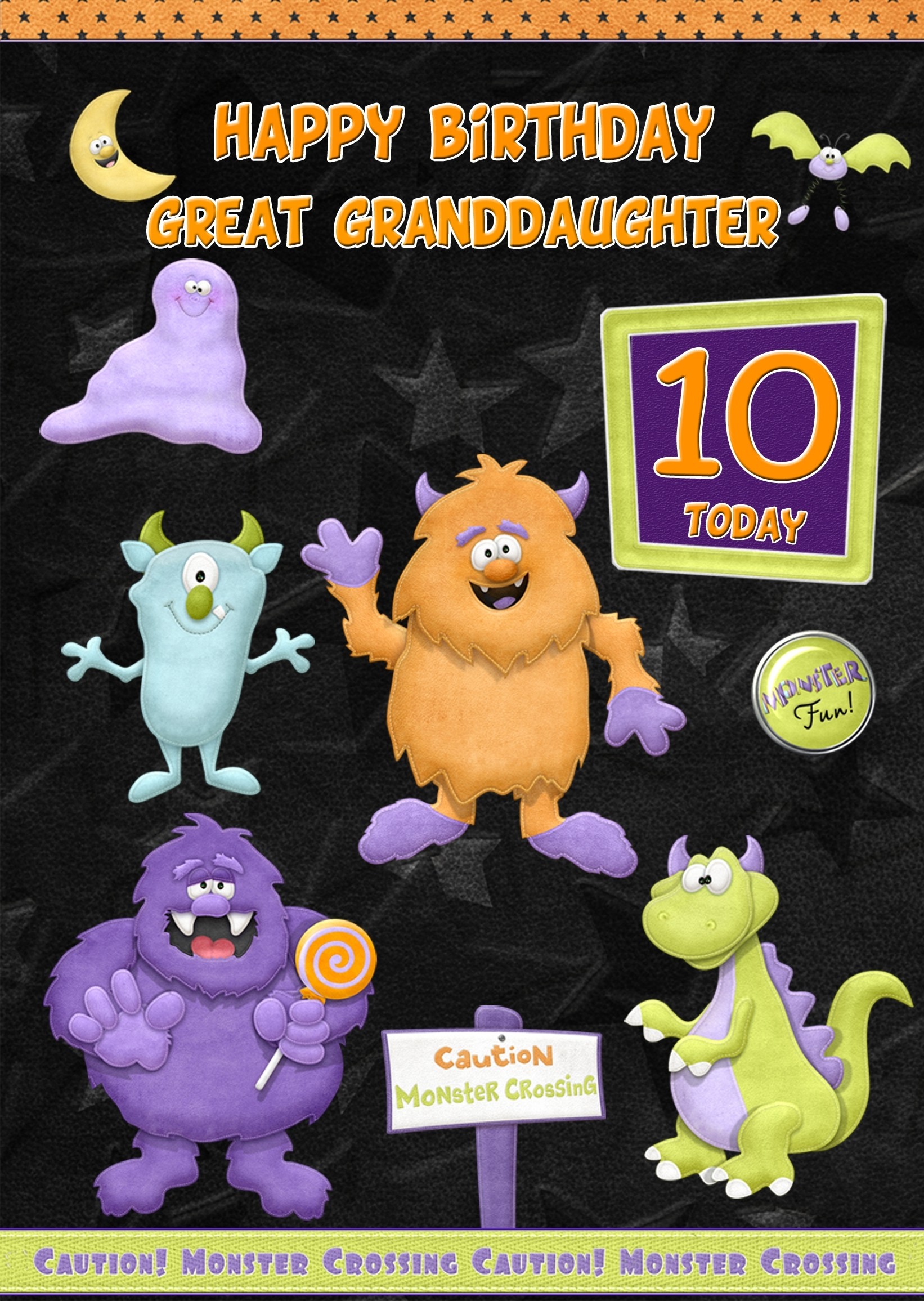 Kids 10th Birthday Funny Monster Cartoon Card for Great Granddaughter
