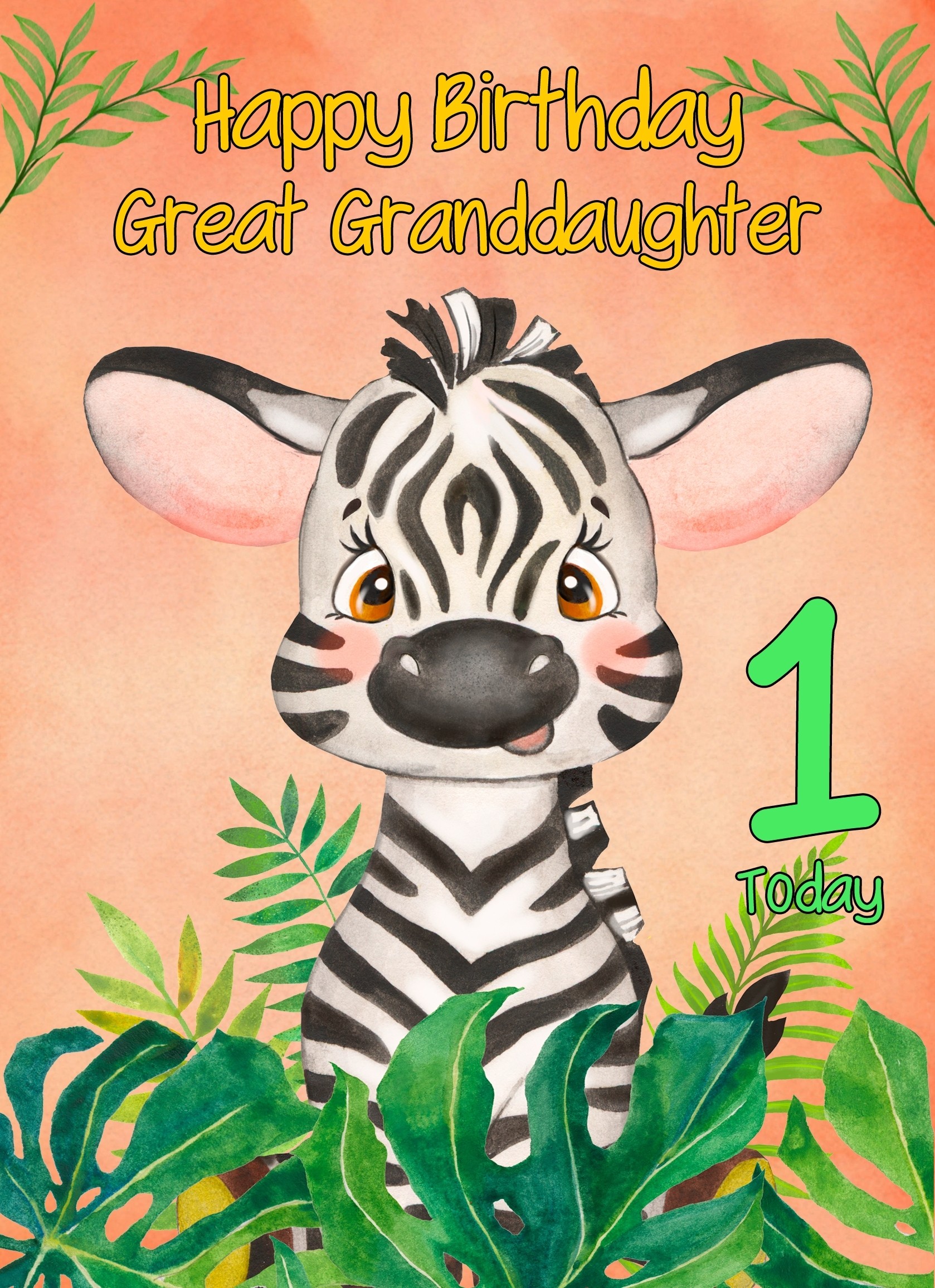 1st Birthday Card for Great Granddaughter (Zebra)