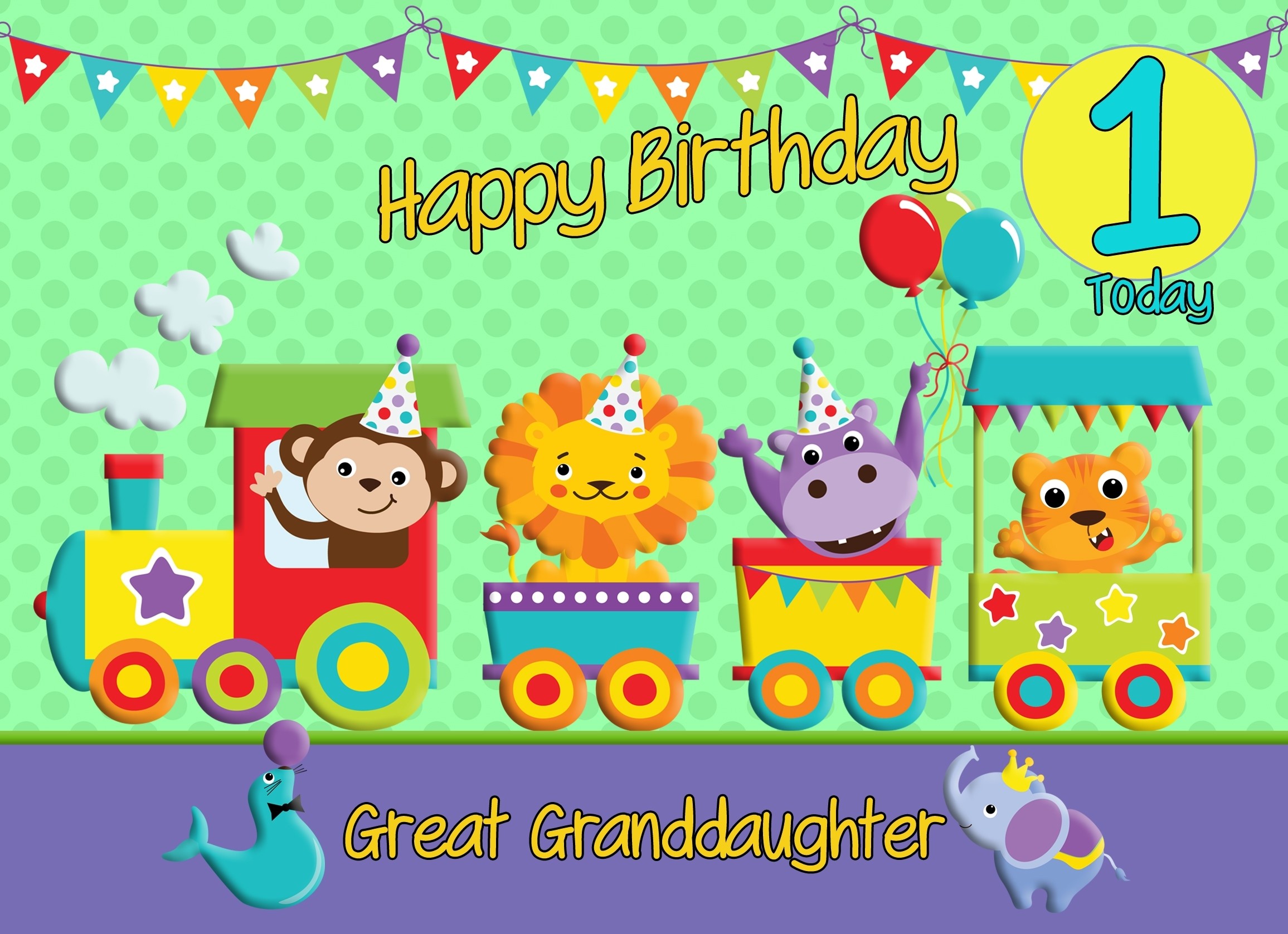 1st Birthday Card for Great Granddaughter (Train Green)
