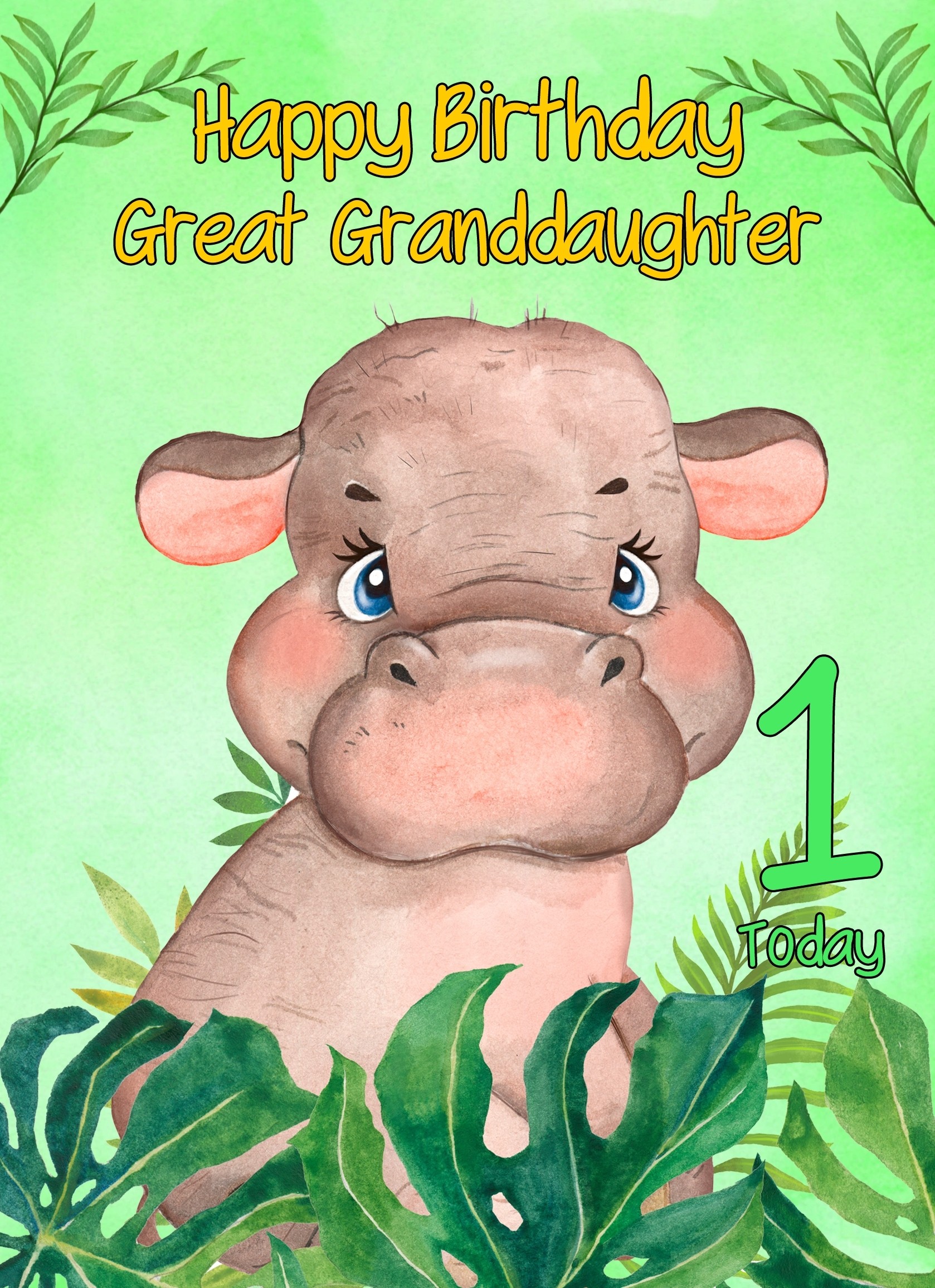 1st Birthday Card for Great Granddaughter (Hippo)