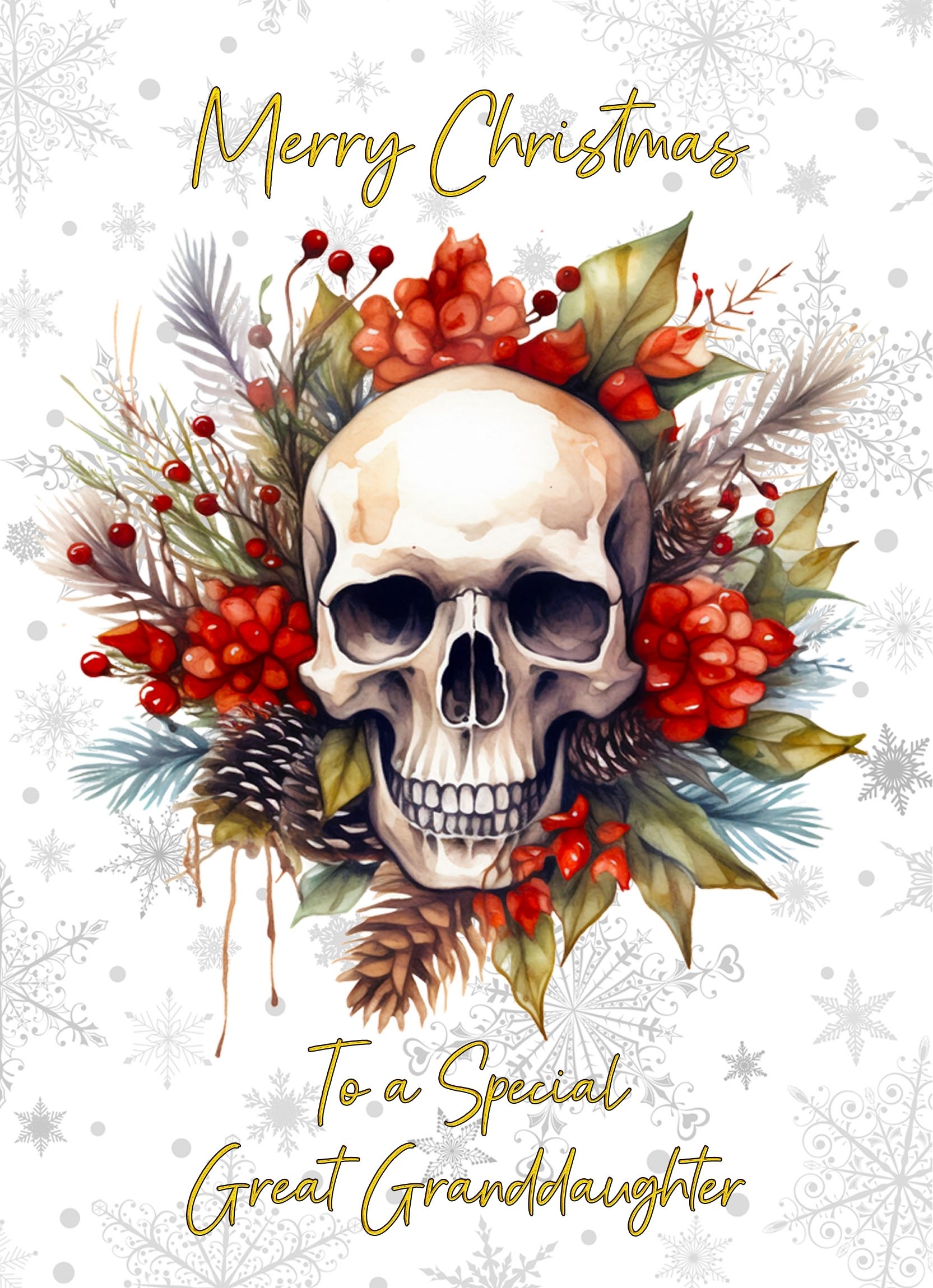 Christmas Card For Great Granddaughter (Gothic Fantasy Skull Wreath)