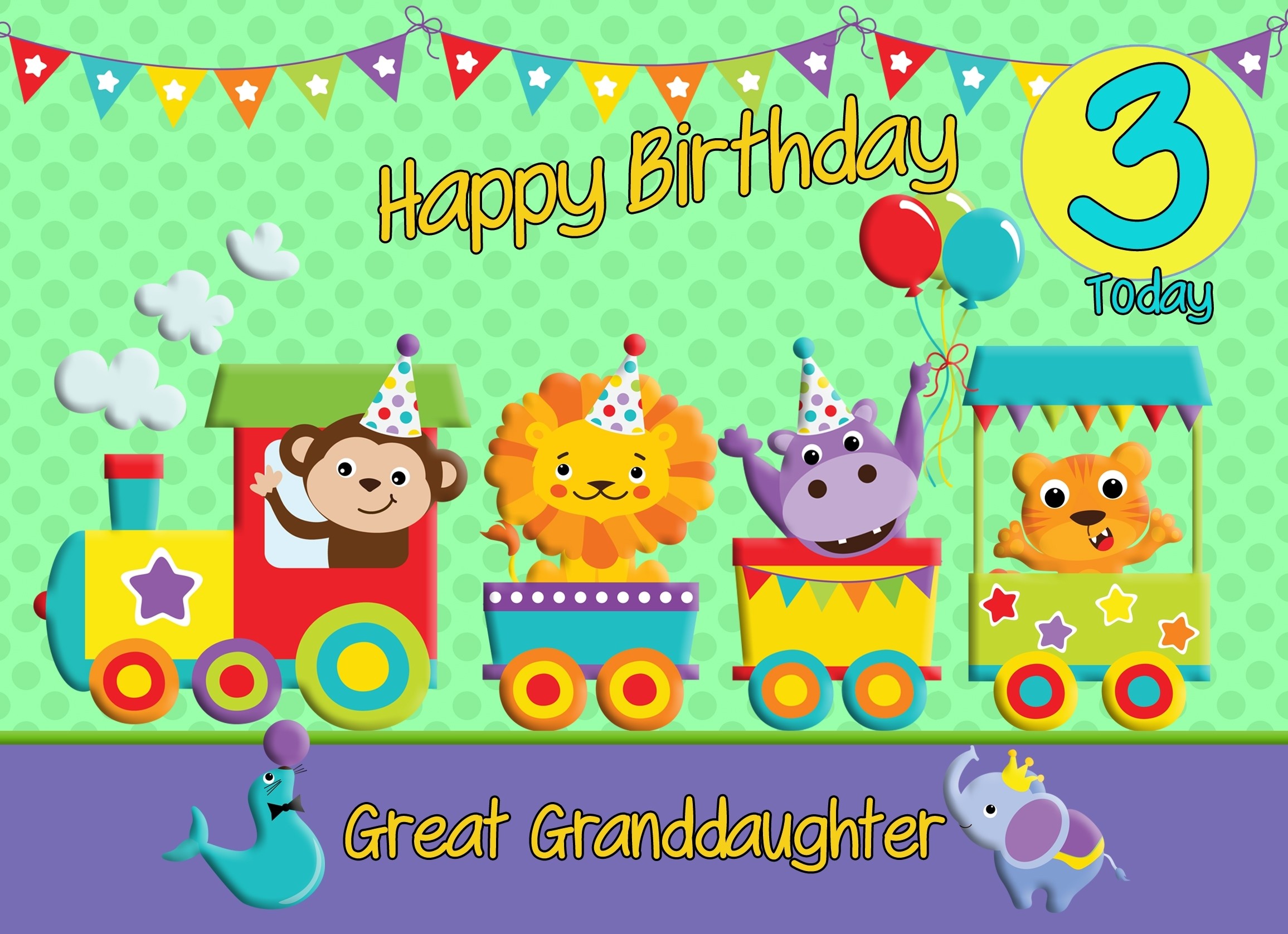 3rd Birthday Card for Great Granddaughter (Train Green)