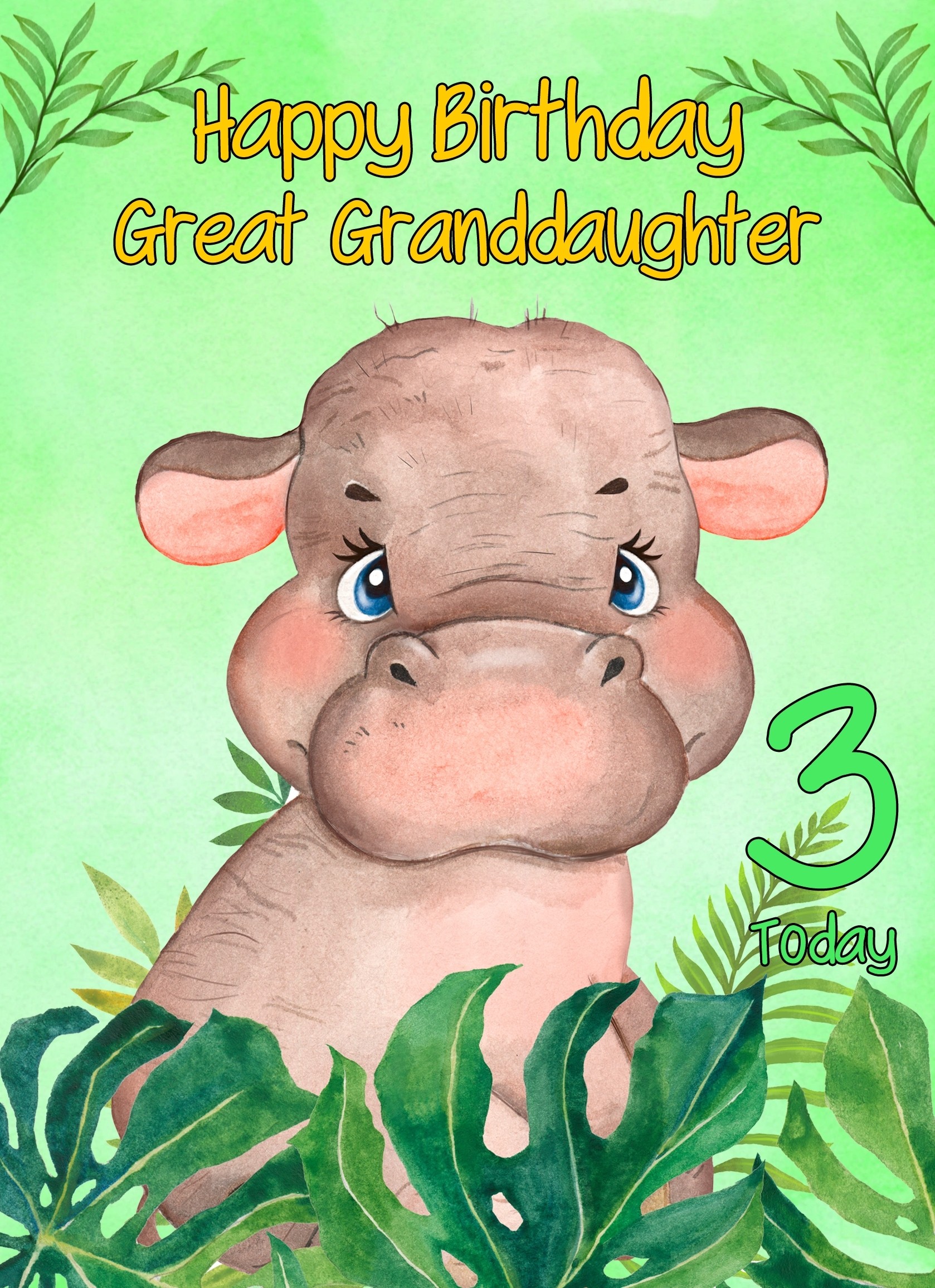 3rd Birthday Card for Great Granddaughter (Hippo)