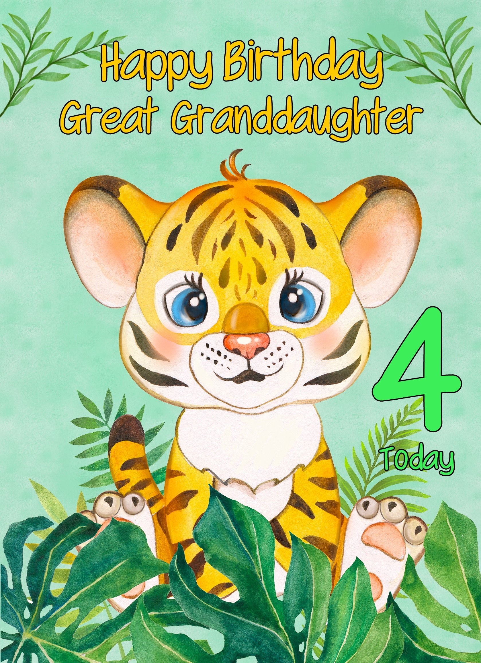 4th Birthday Card for Great Granddaughter (Tiger)