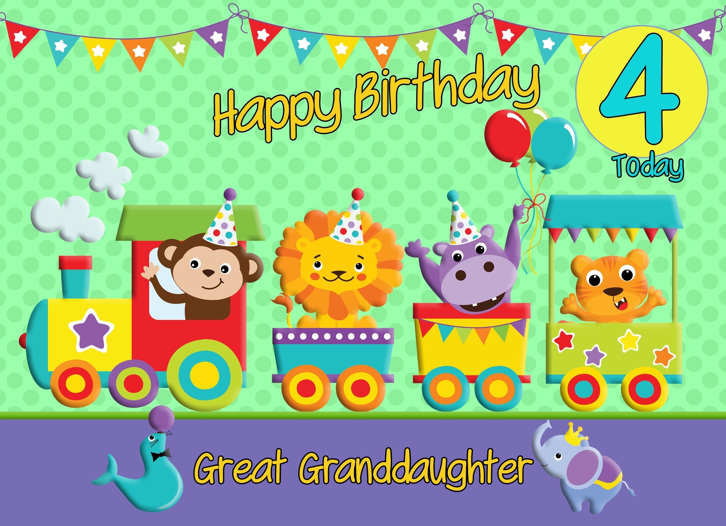 4th Birthday Card for Great Granddaughter (Train Green)