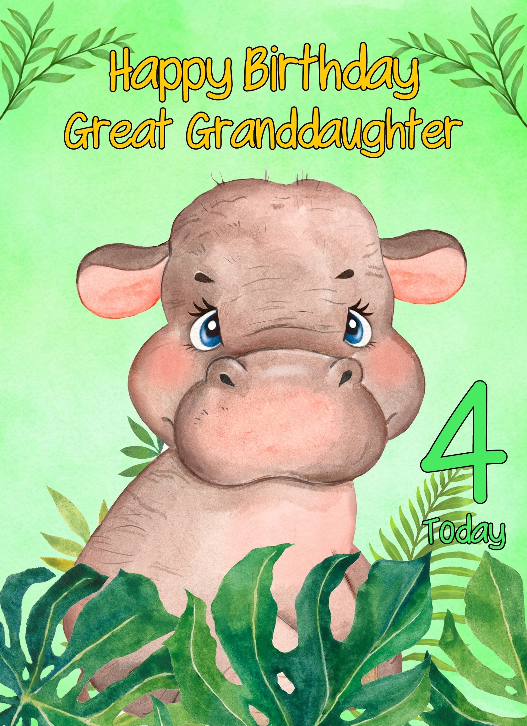 4th Birthday Card for Great Granddaughter (Hippo)