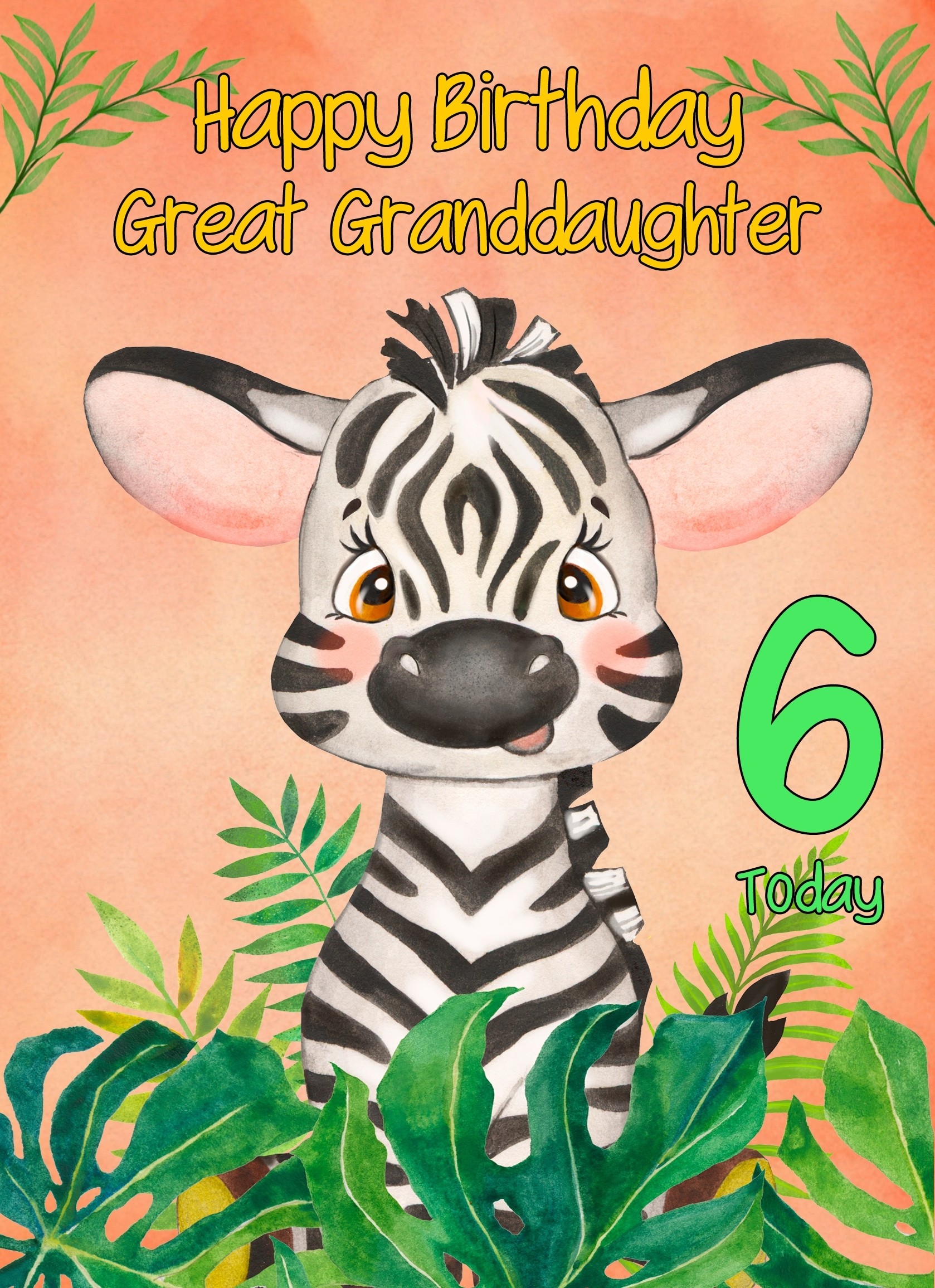 6th Birthday Card for Great Granddaughter (Zebra)