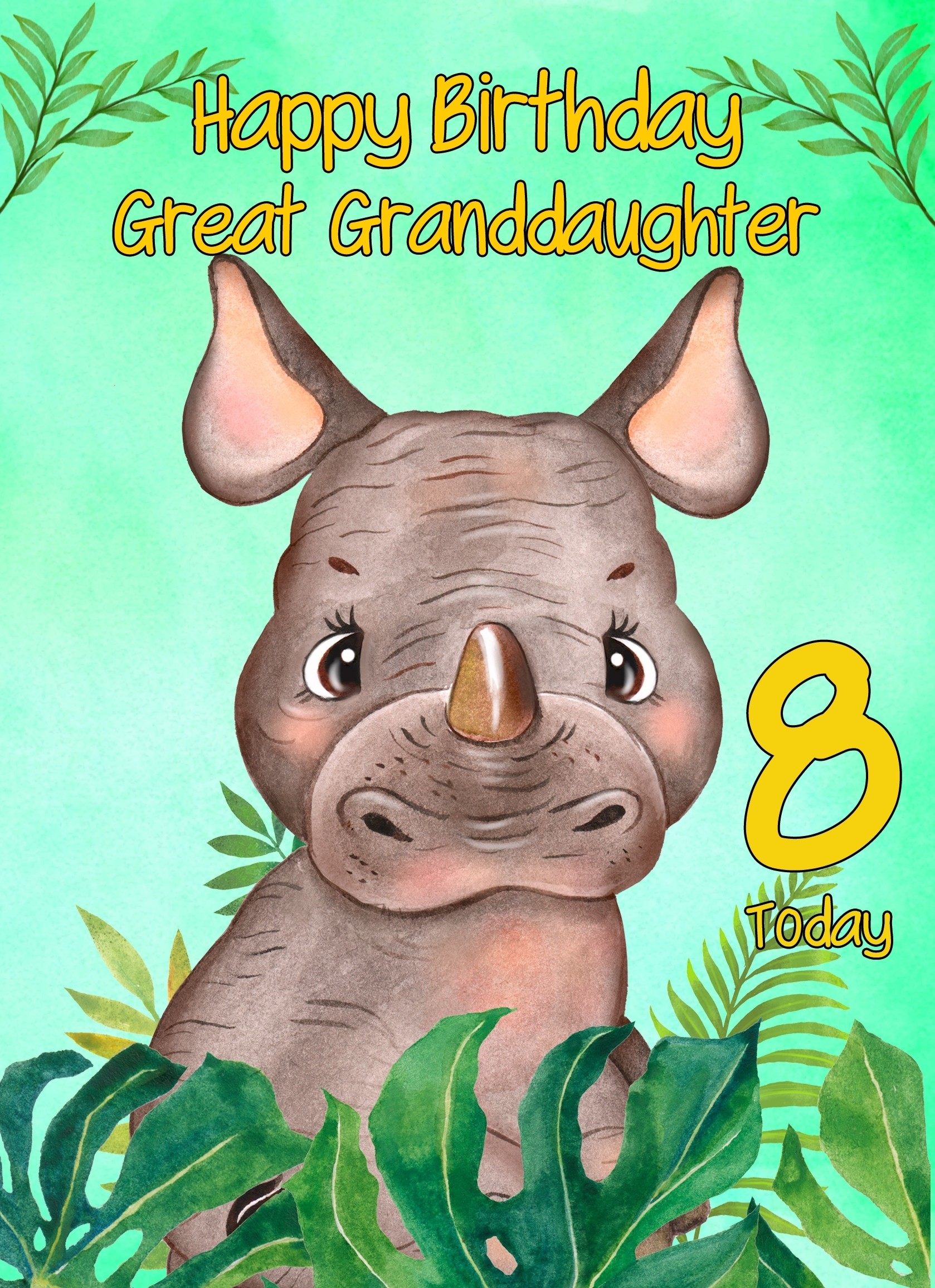 8th Birthday Card for Great Granddaughter (Rhino)