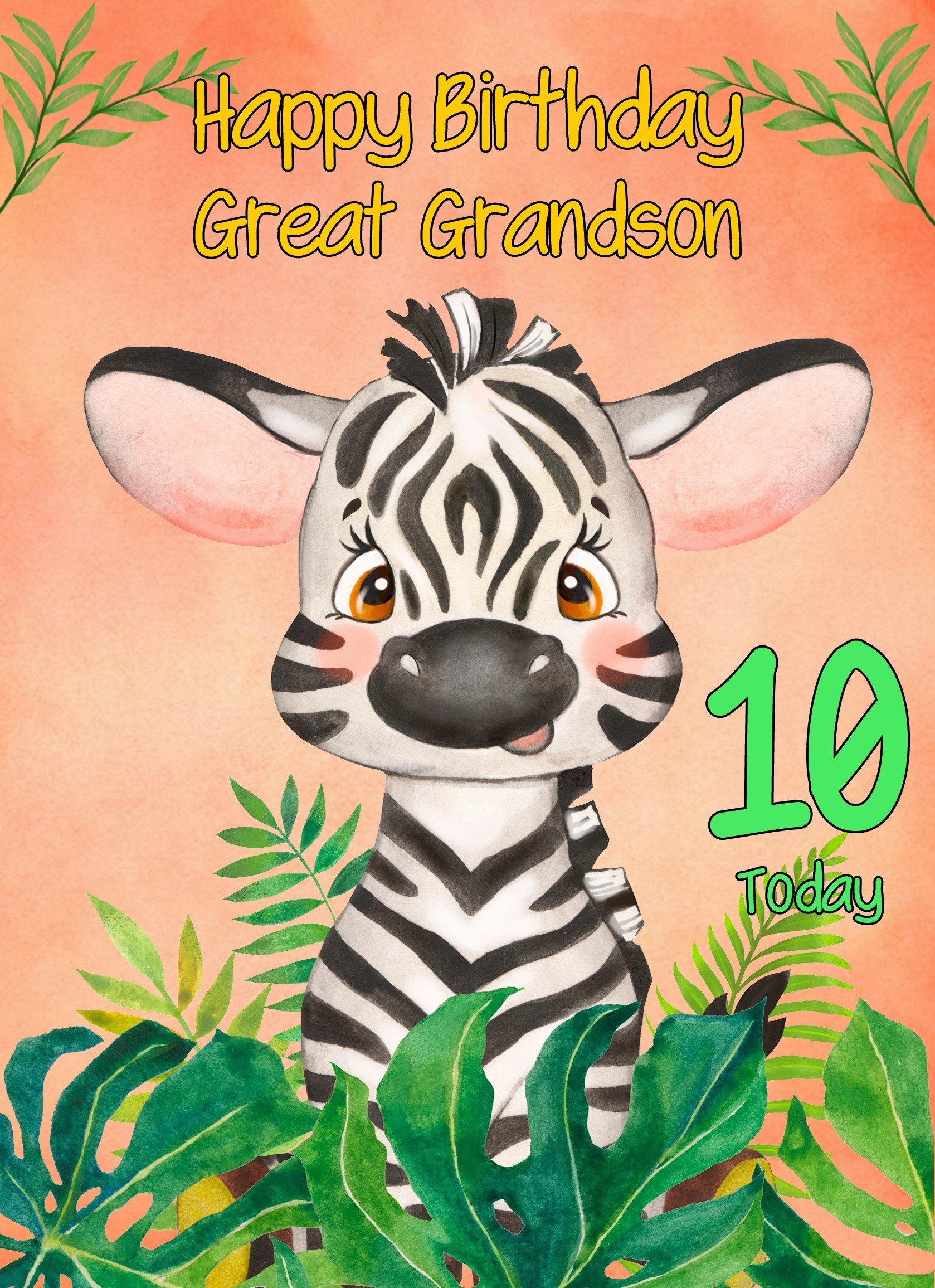10th Birthday Card for Great Grandson (Zebra)