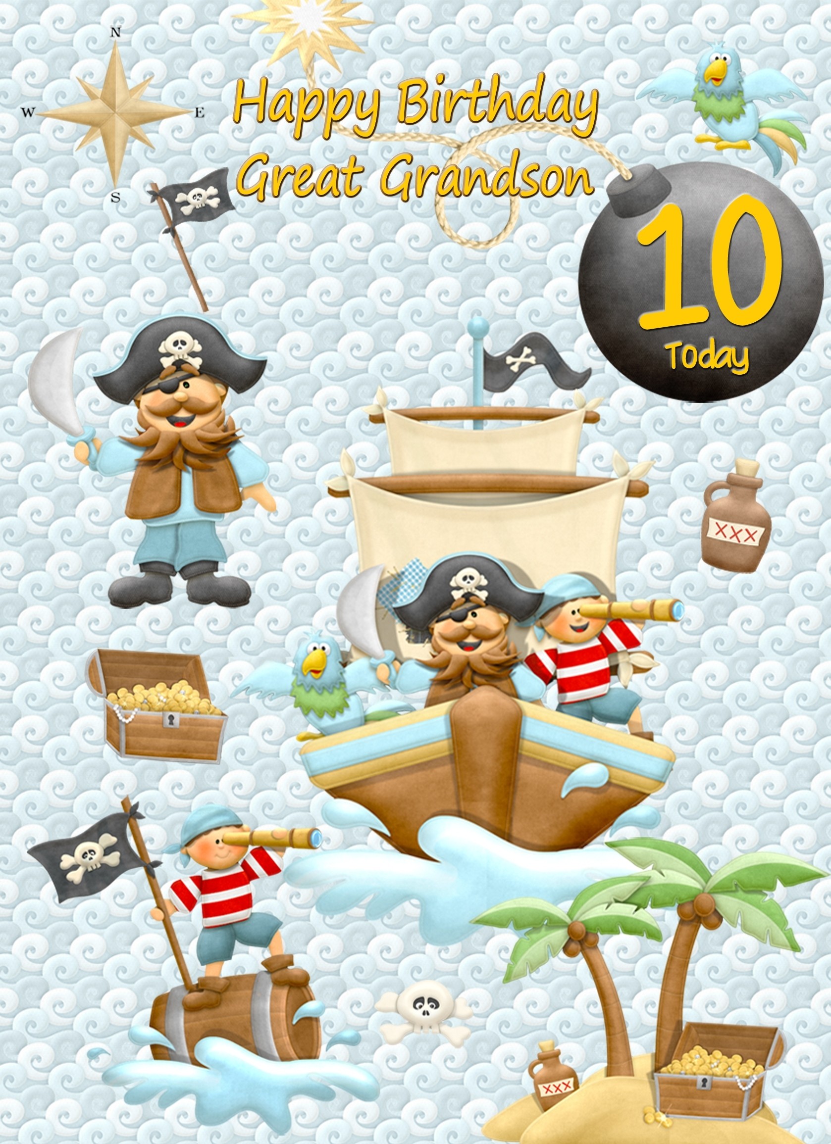 Kids 10th Birthday Pirate Cartoon Card for Great Grandson