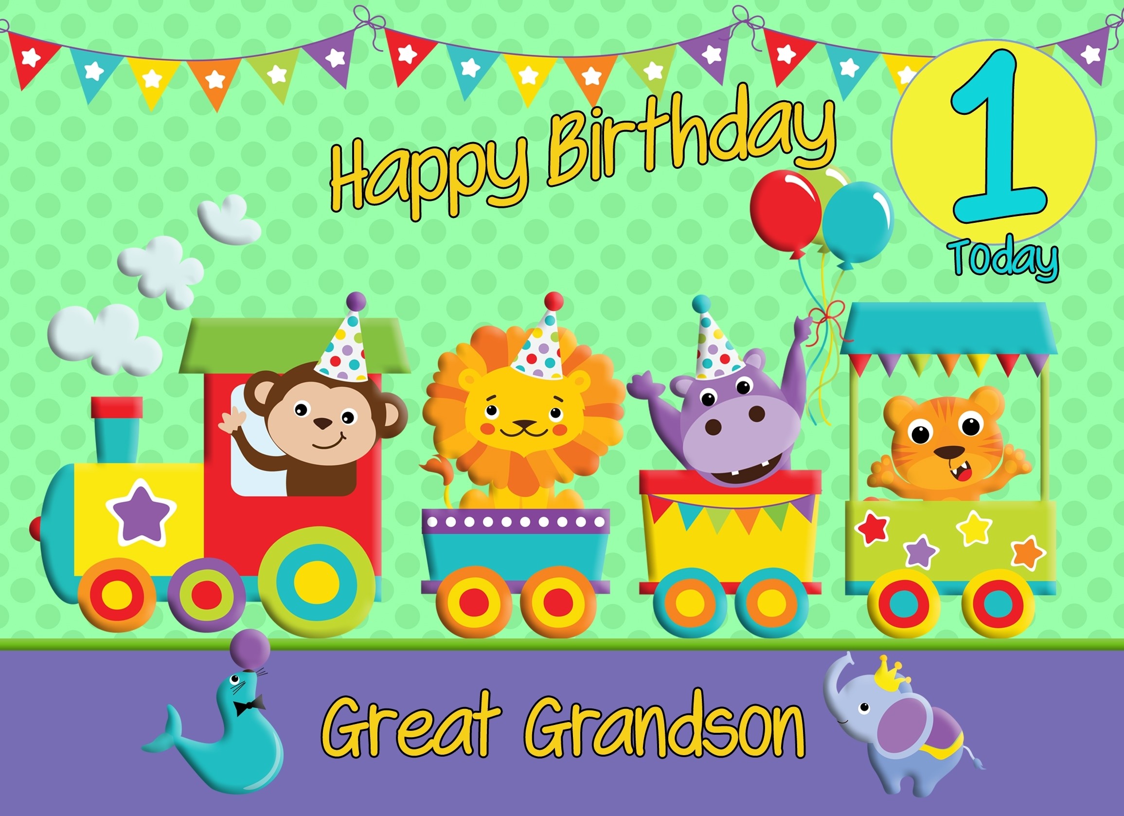1st Birthday Card for Great Grandson (Train Green)