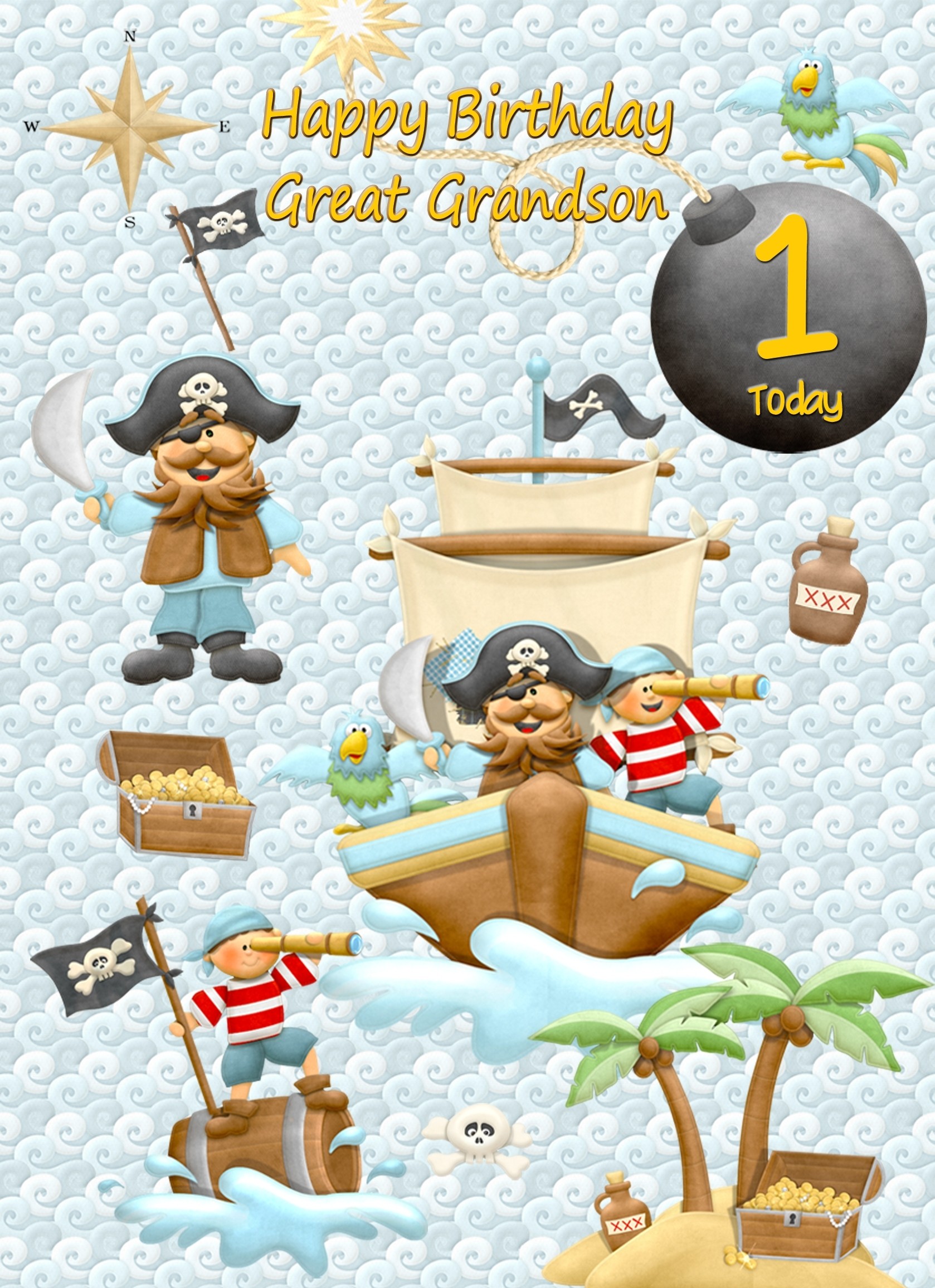 Kids 1st Birthday Pirate Cartoon Card for Great Grandson