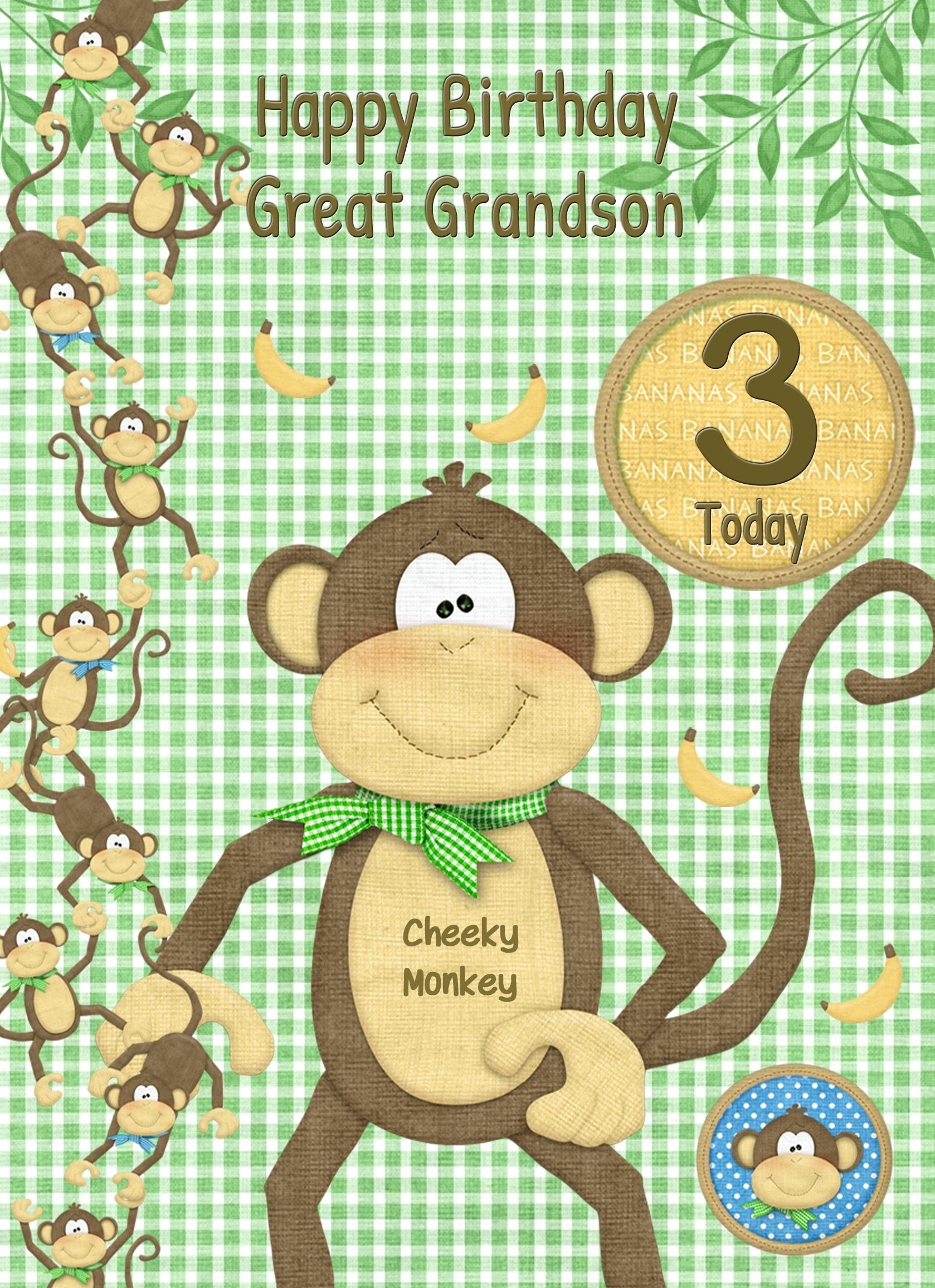 Kids 3rd Birthday Cheeky Monkey Cartoon Card for Great Grandson
