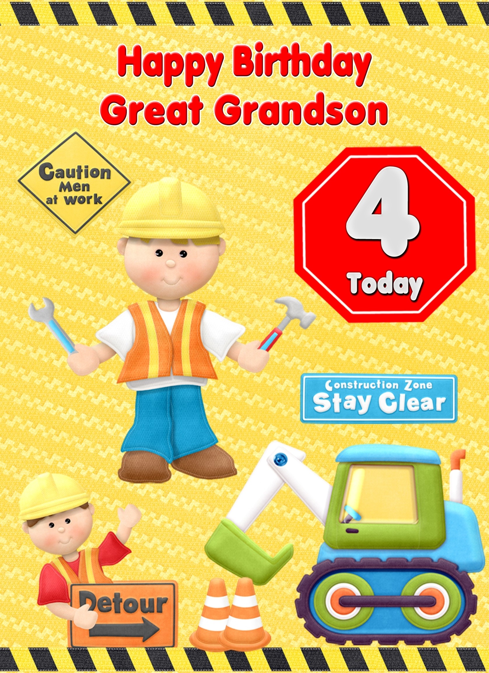 Kids 4th Birthday Builder Cartoon Card for Great Grandson