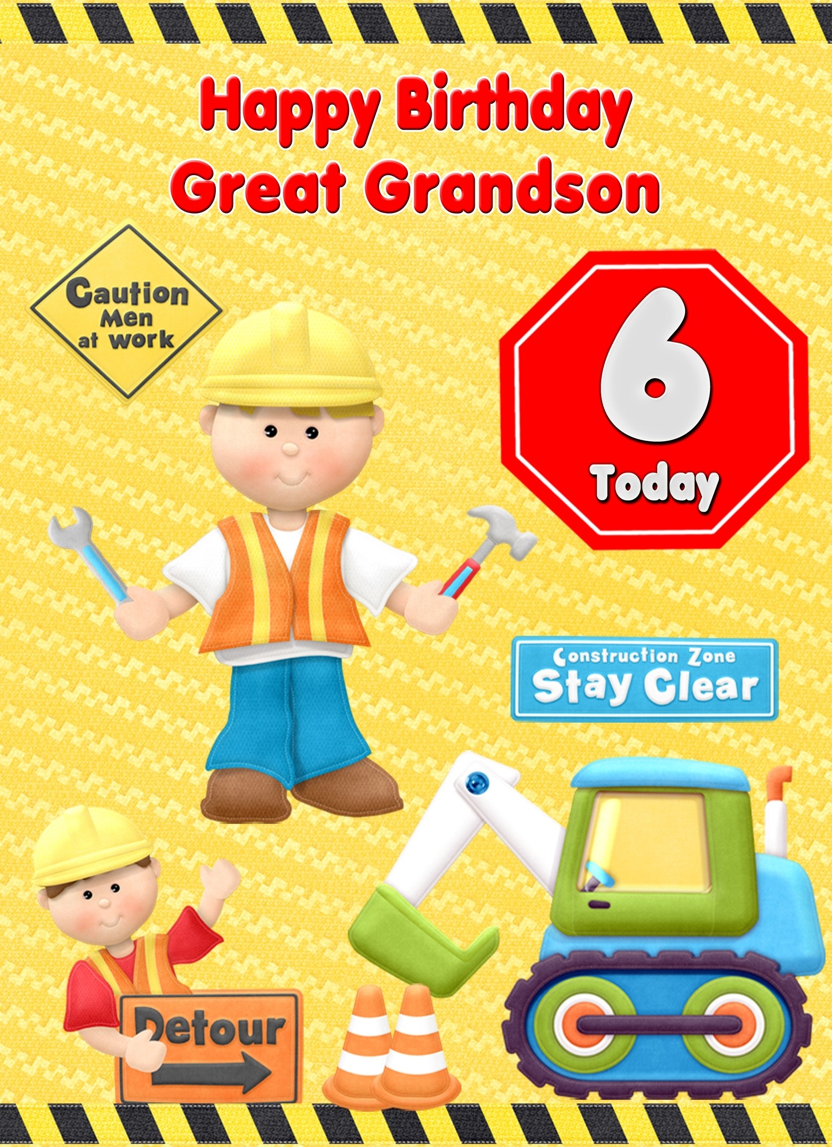 Kids 6th Birthday Builder Cartoon Card for Great Grandson