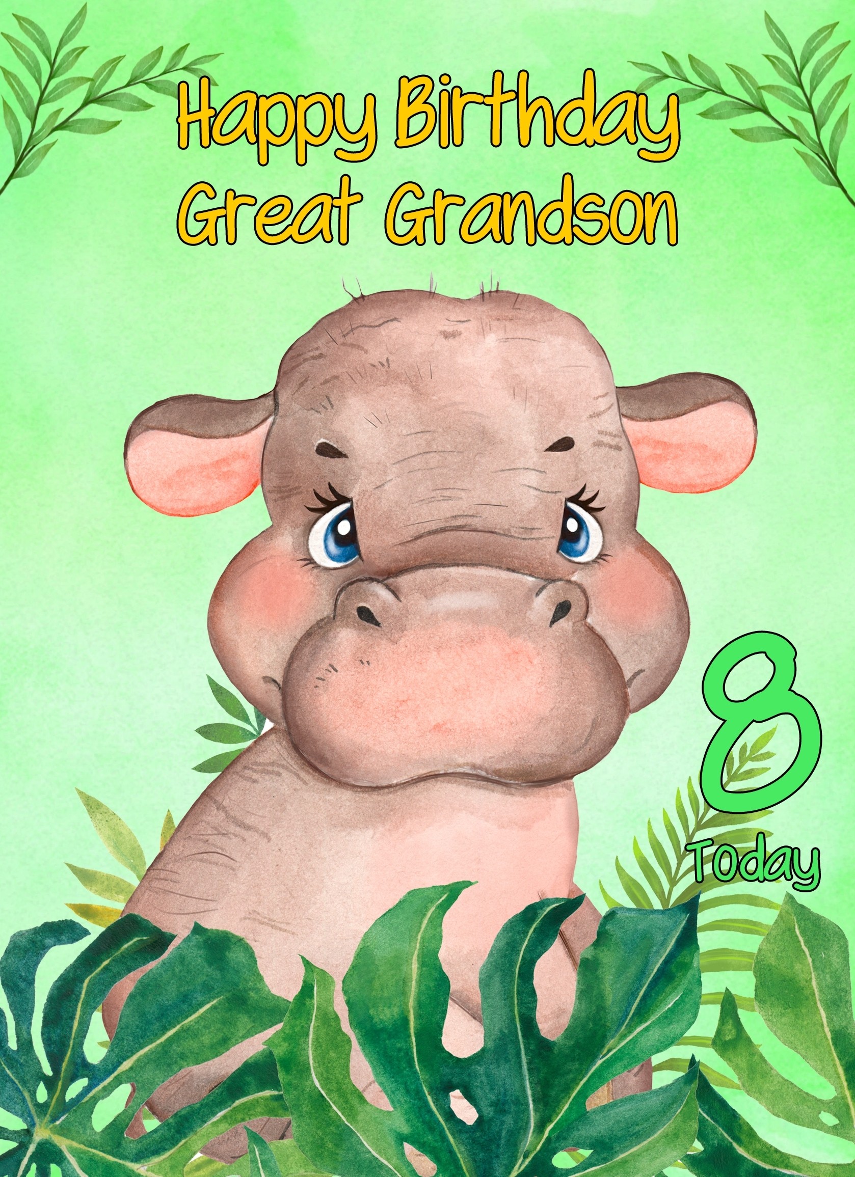 8th Birthday Card for Great Grandson (Hippo)