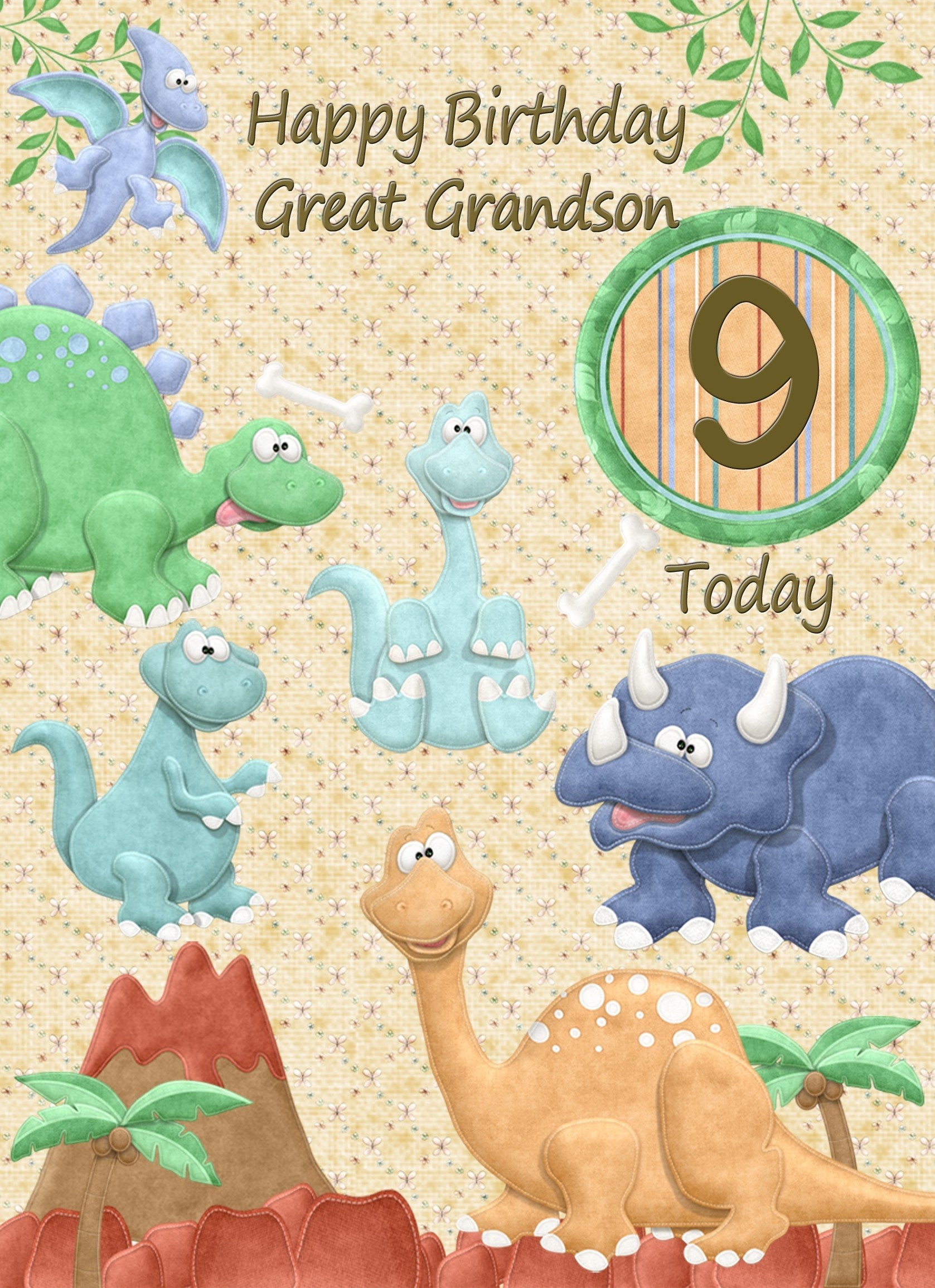 Kids 9th Birthday Dinosaur Cartoon Card for Great Grandson
