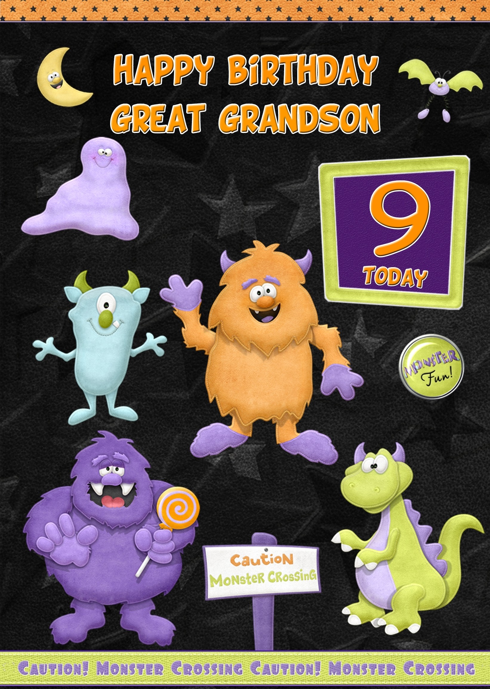 Kids 9th Birthday Funny Monster Cartoon Card for Great Grandson