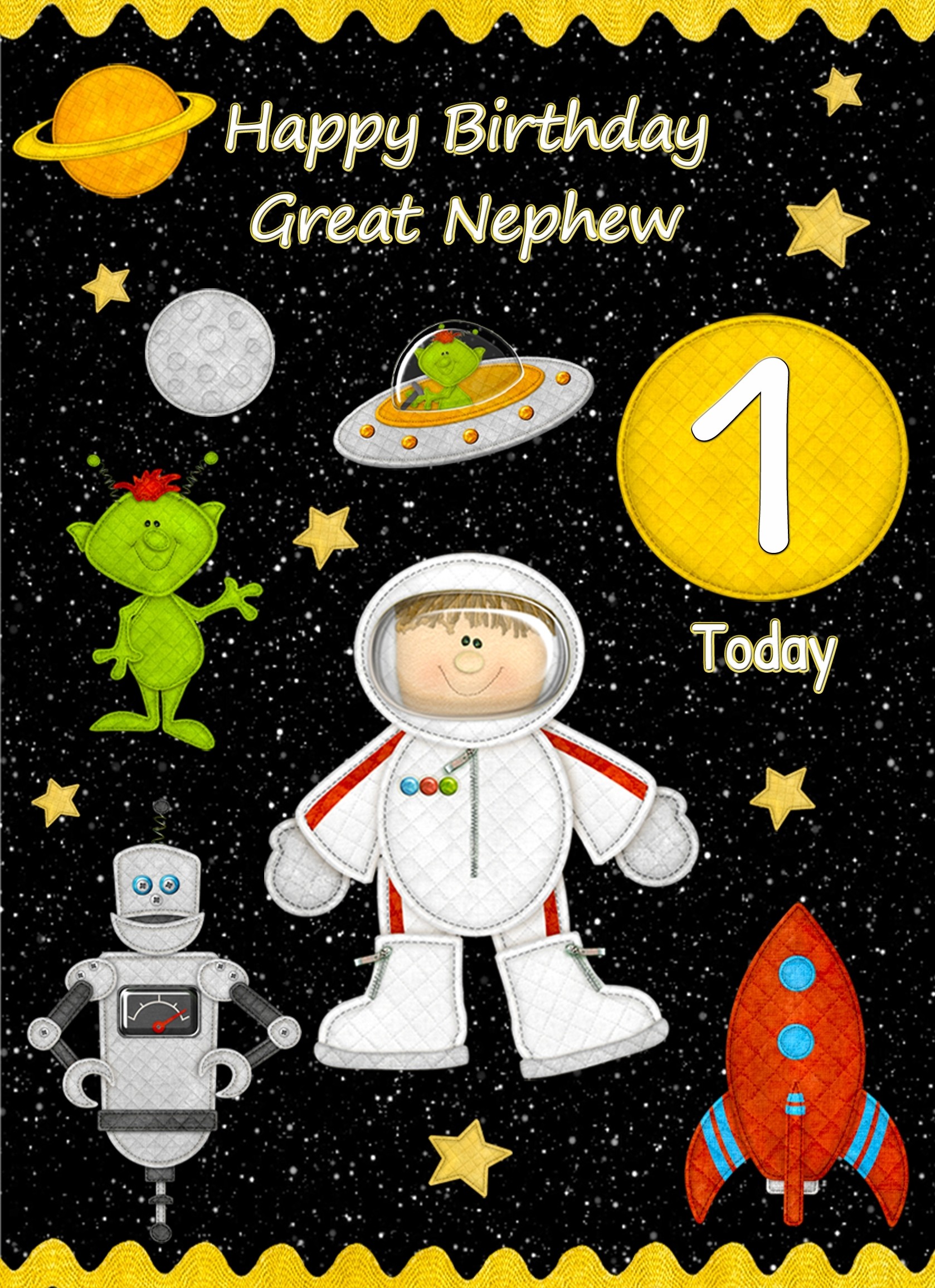 Kids 1st Birthday Space Astronaut Cartoon Card for Great Nephew