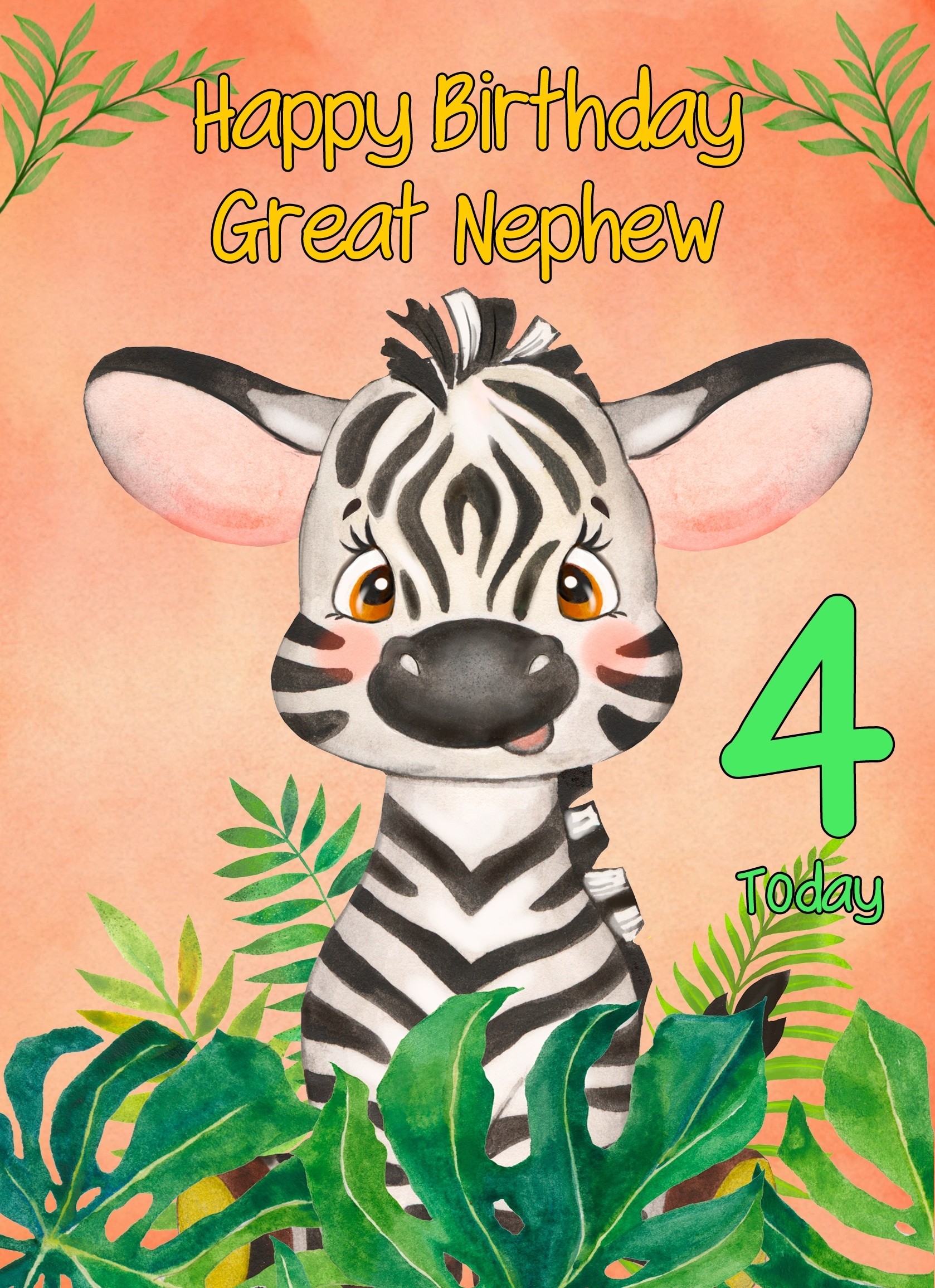4th Birthday Card for Great Nephew (Zebra)