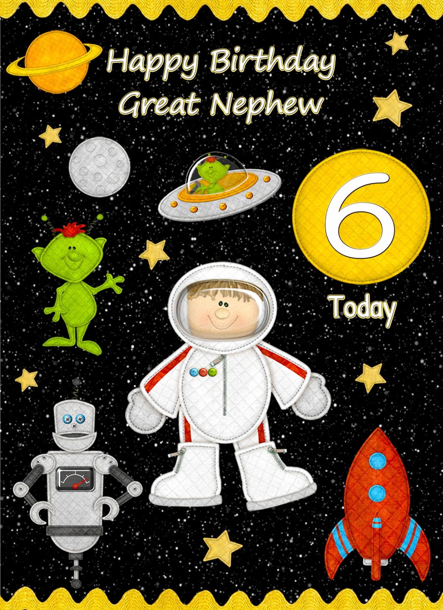 Kids 6th Birthday Space Astronaut Cartoon Card for Great Nephew
