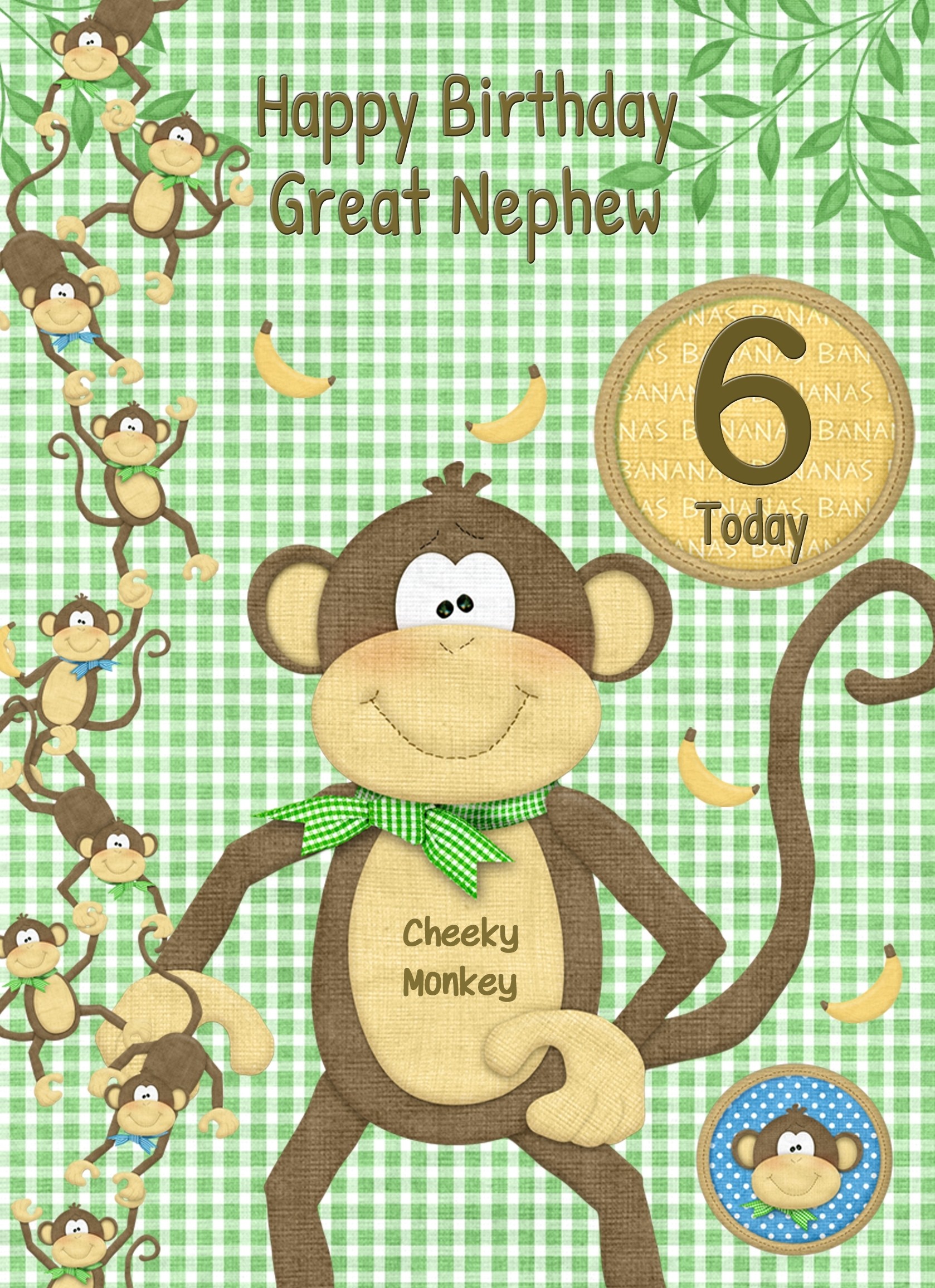 Kids 6th Birthday Cheeky Monkey Cartoon Card for Great Nephew