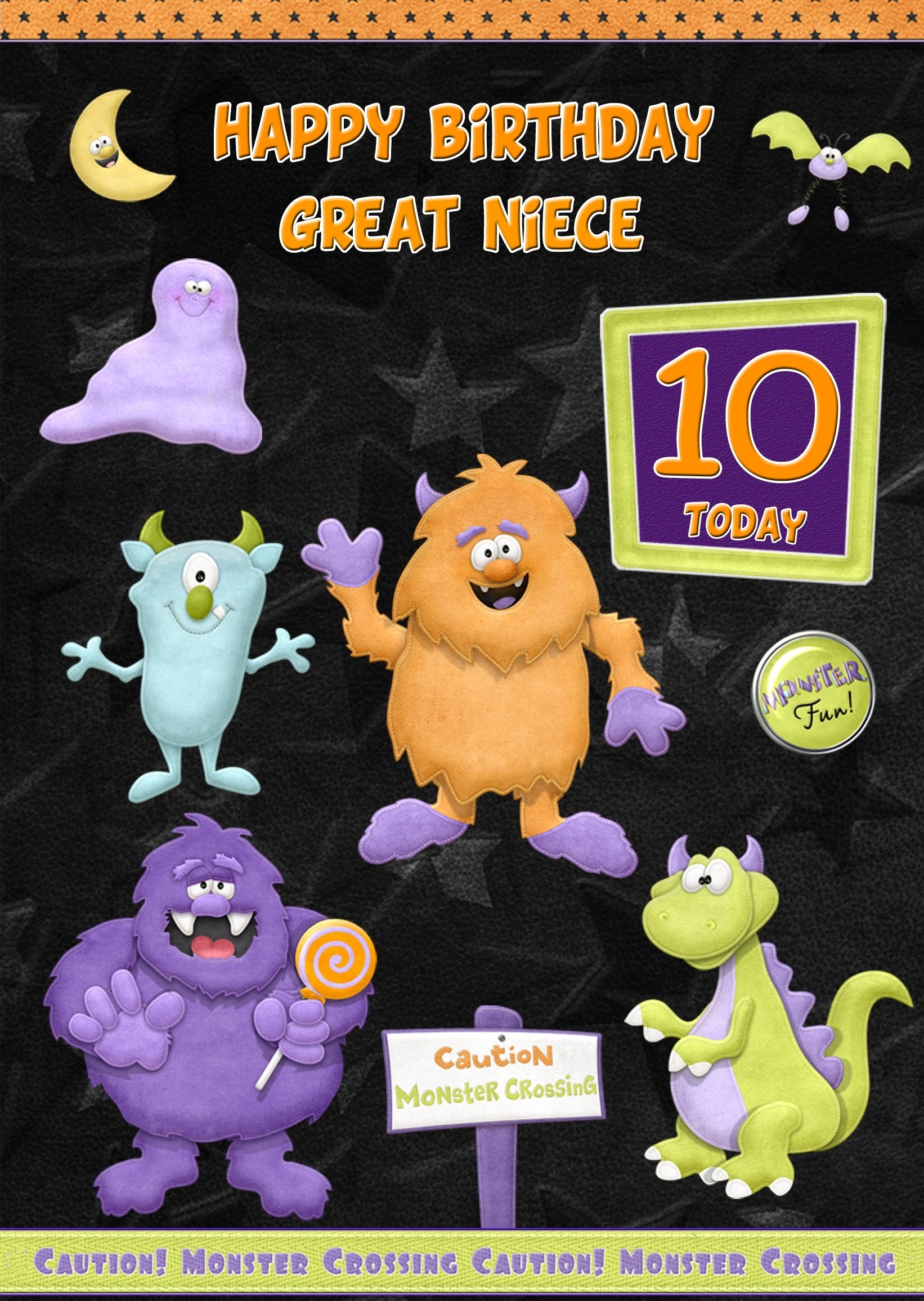 Kids 10th Birthday Funny Monster Cartoon Card for Great Niece