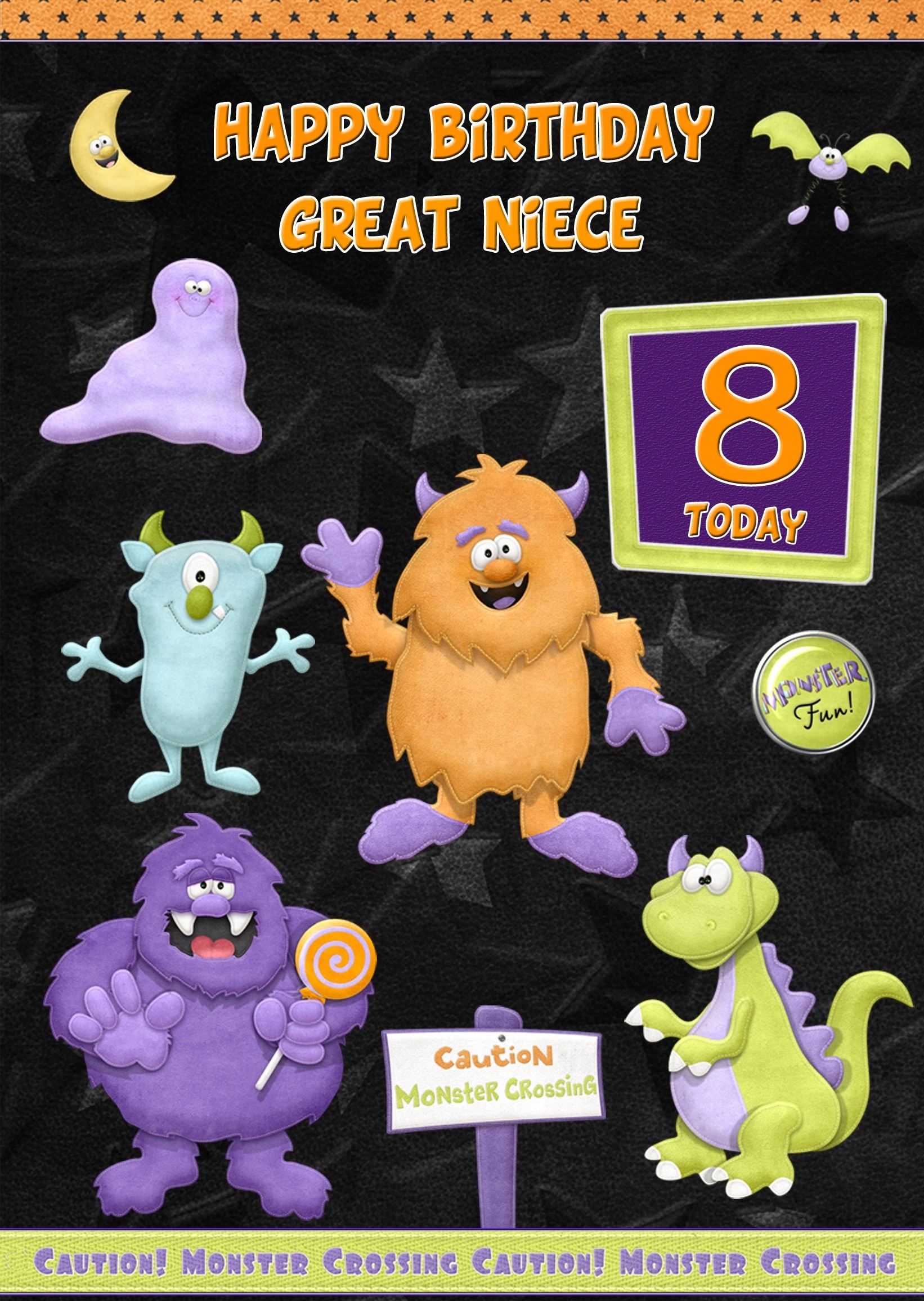 Kids 8th Birthday Funny Monster Cartoon Card for Great Niece