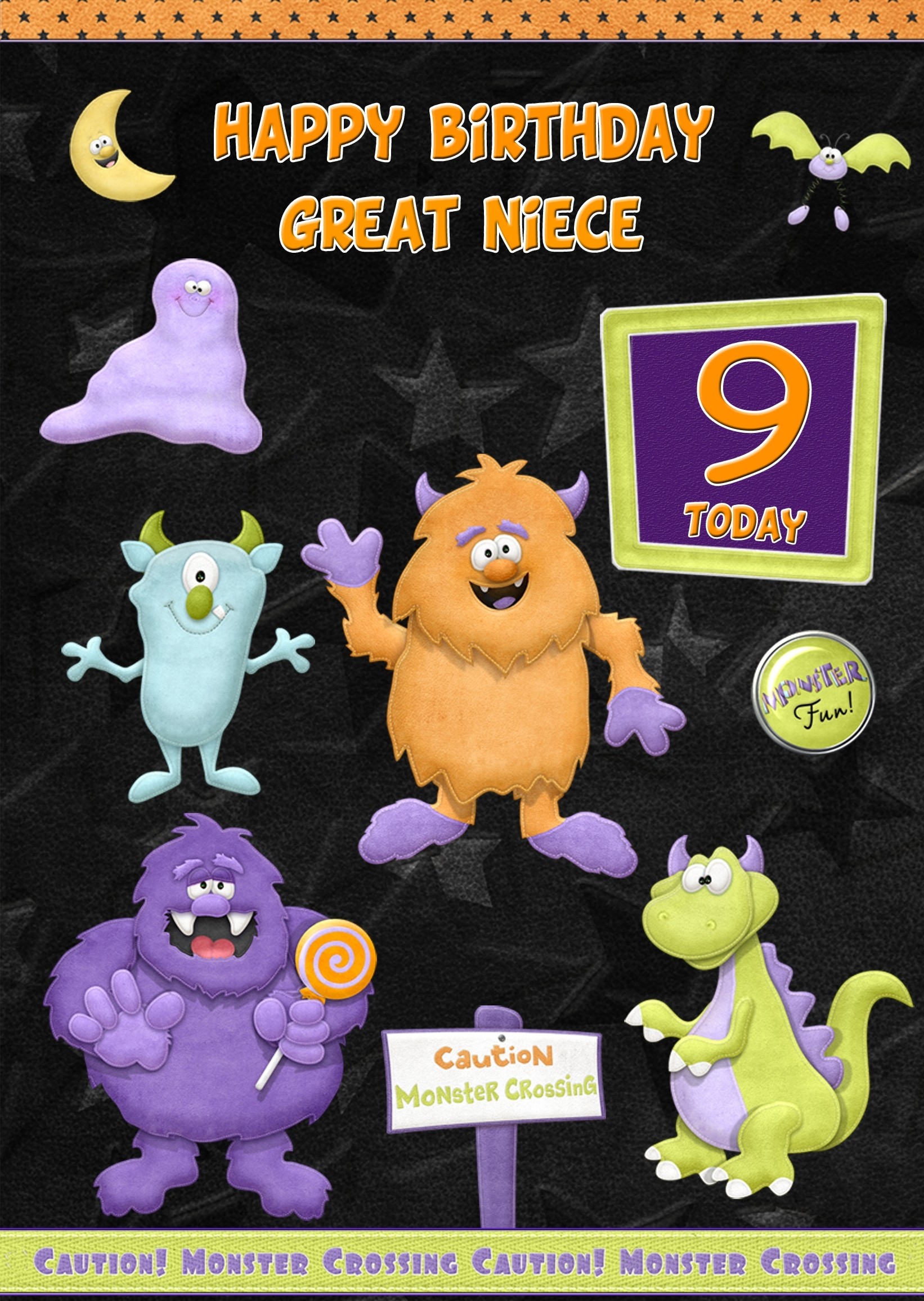 Kids 9th Birthday Funny Monster Cartoon Card for Great Niece