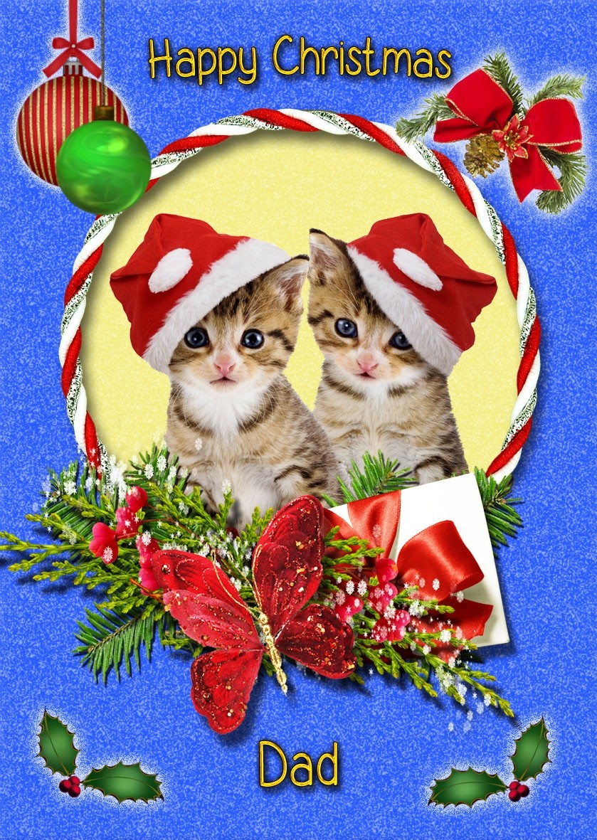 Cat/Kitten Christmas Card Blue 'Happy Christmas Dad'