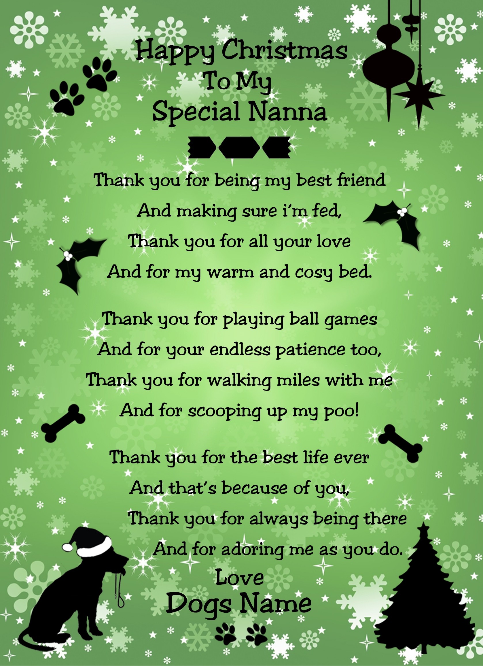 Personalised From The Dog Verse Poem Christmas Card (Special Nanna, Green, Happy Christmas)