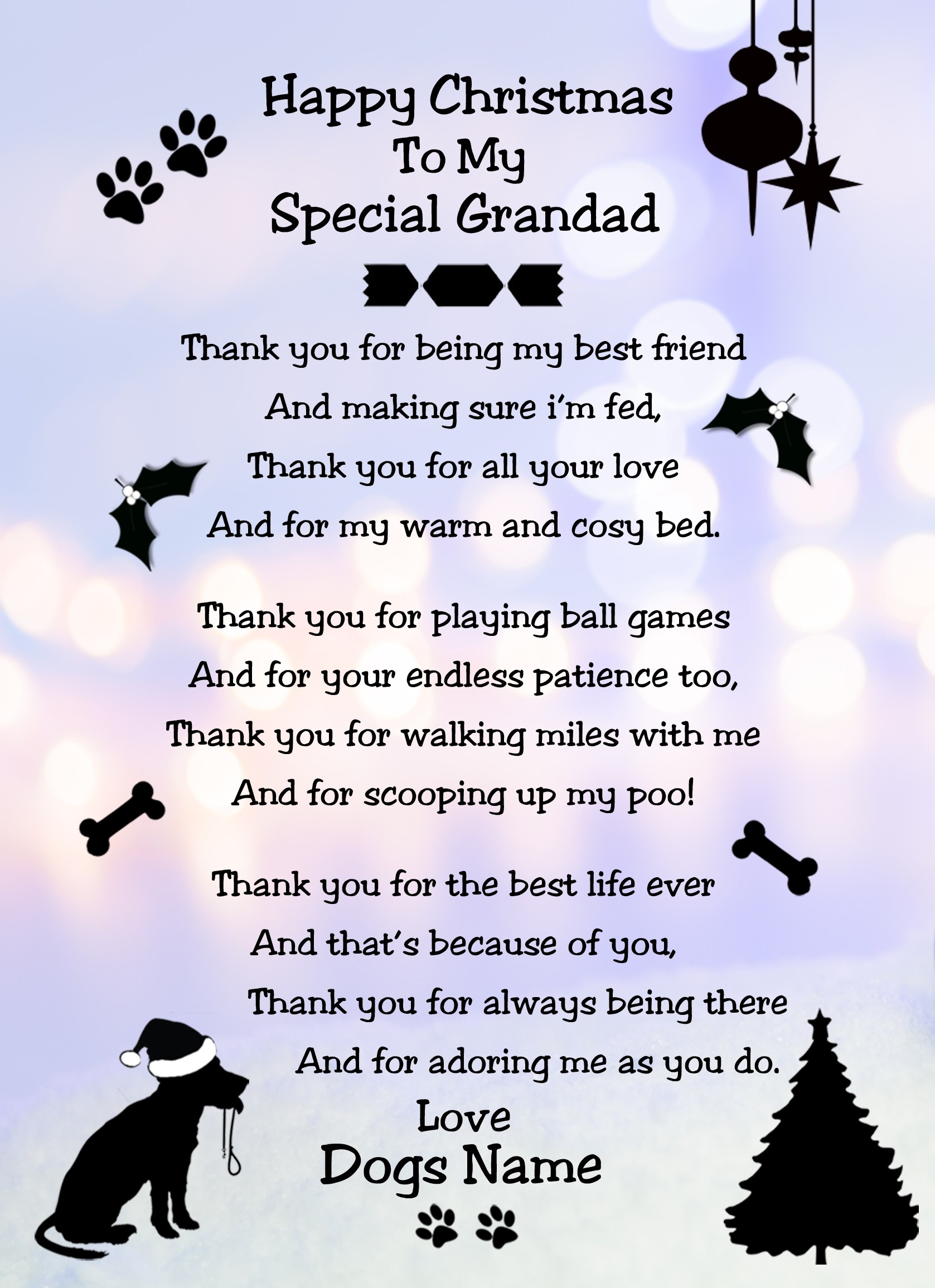 Personalised From The Dog Verse Poem Christmas Card (Special Grandad, Lilac, Happy Christmas)