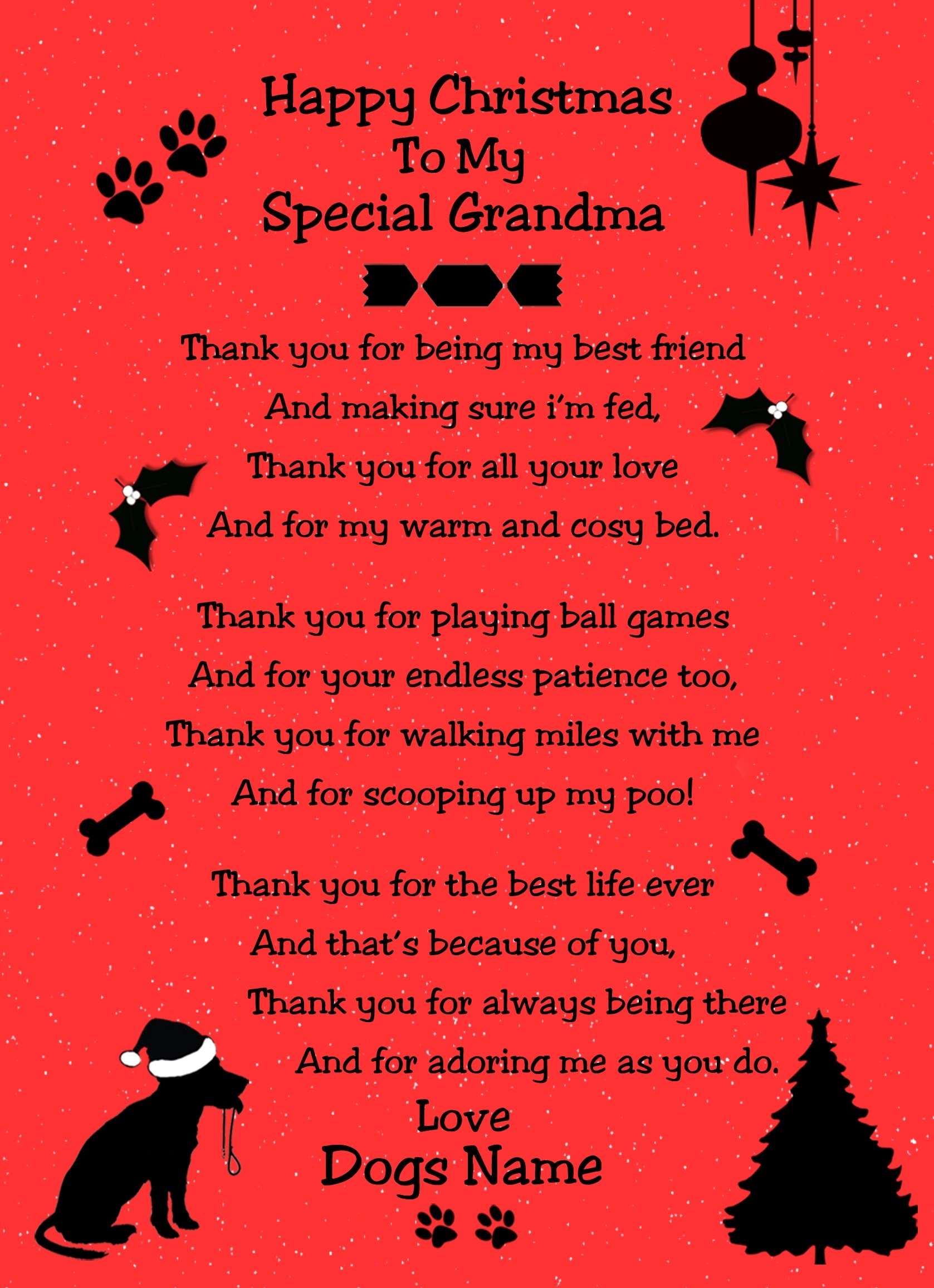 Personalised From The Dog Verse Poem Christmas Card (Special Grandma, Red, Happy Christmas)