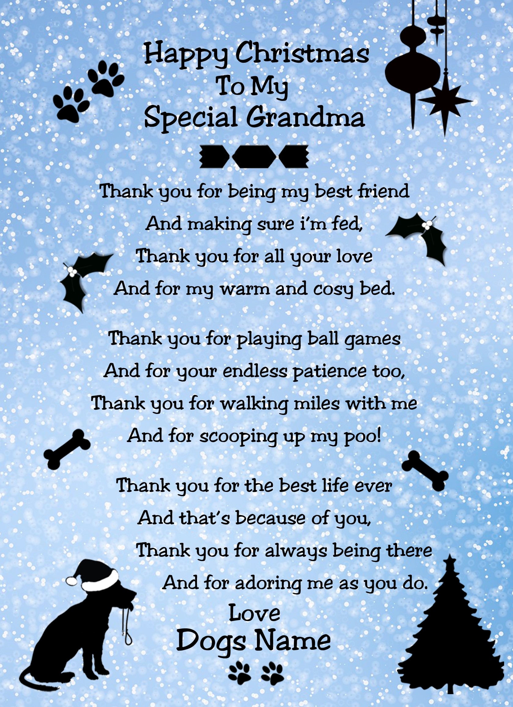 Personalised From The Dog Verse Poem Christmas Card (Special Grandma, Snow, Happy Christmas)