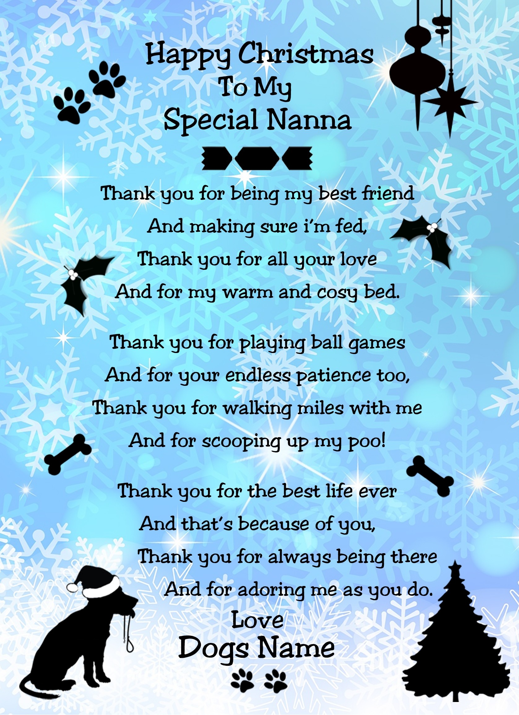 Personalised From The Dog Verse Poem Christmas Card (Special Nanna, Snowflake, Happy Christmas)