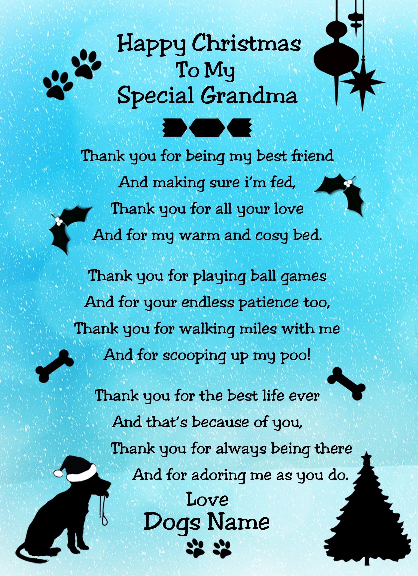 Personalised From The Dog Verse Poem Christmas Card (Special Grandma, Turquoise, Happy Christmas)