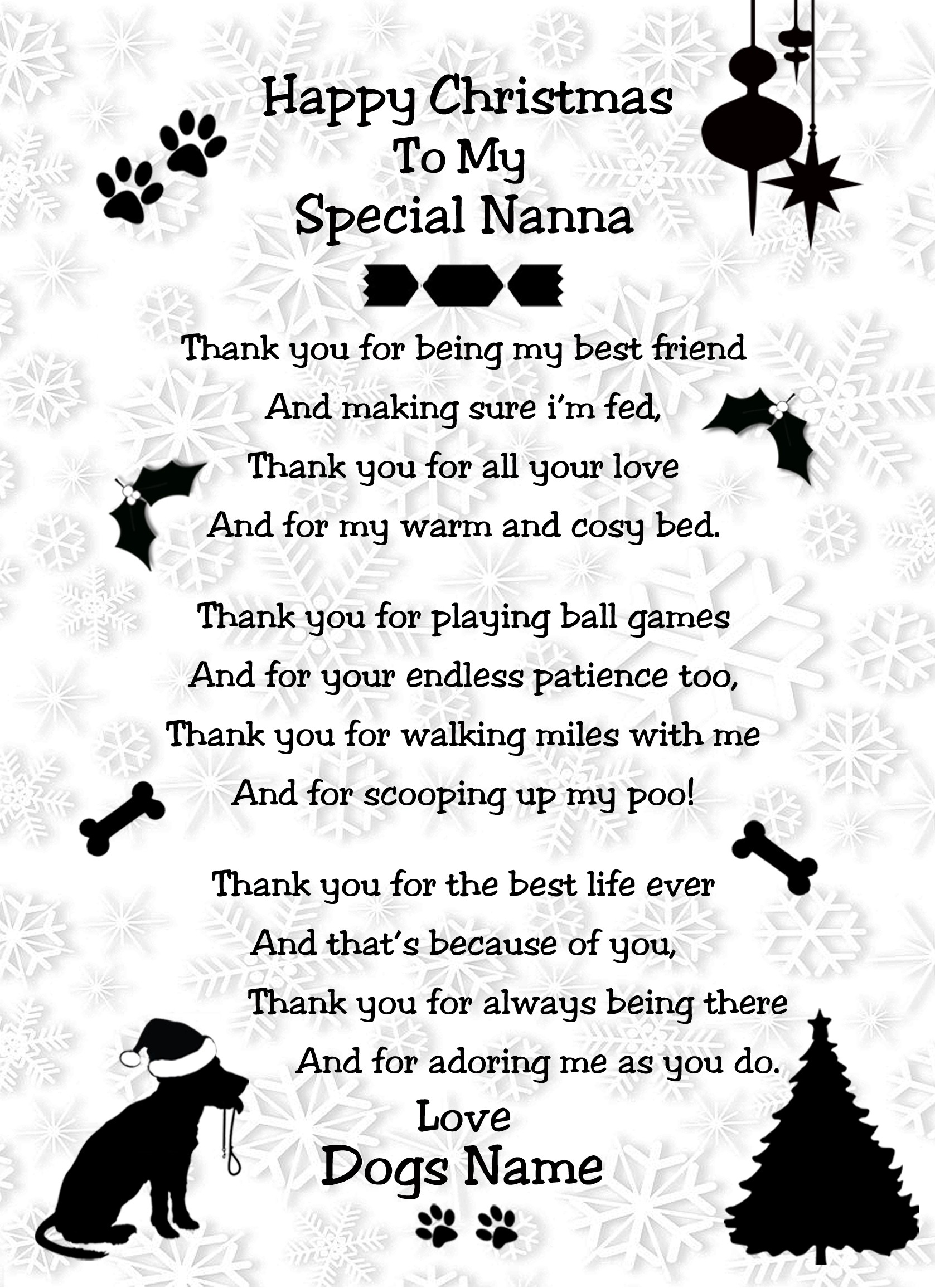 Personalised From The Dog Verse Poem Christmas Card (Special Nanna, White, Happy Christmas)