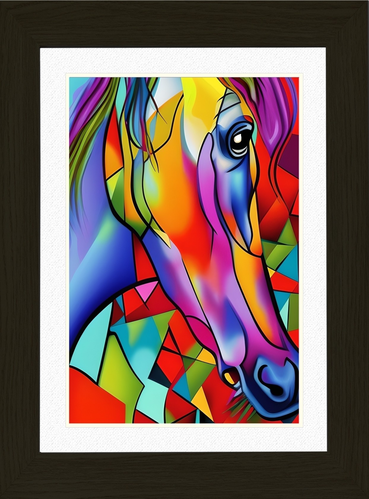 Horse Animal Picture Framed Colourful Abstract Art (25cm x 20cm Black Frame)